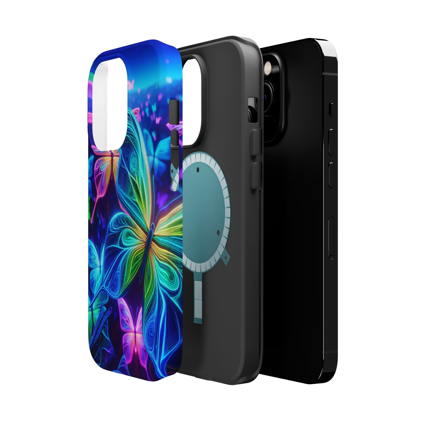 'Serene Spectacle of Neon Butterflies' Neon Butterflies Premium Art Magsafe Magnet Tough IPhone 13 14 15 Pro Plus Max and Mini in Matte and Glossy Phone cases