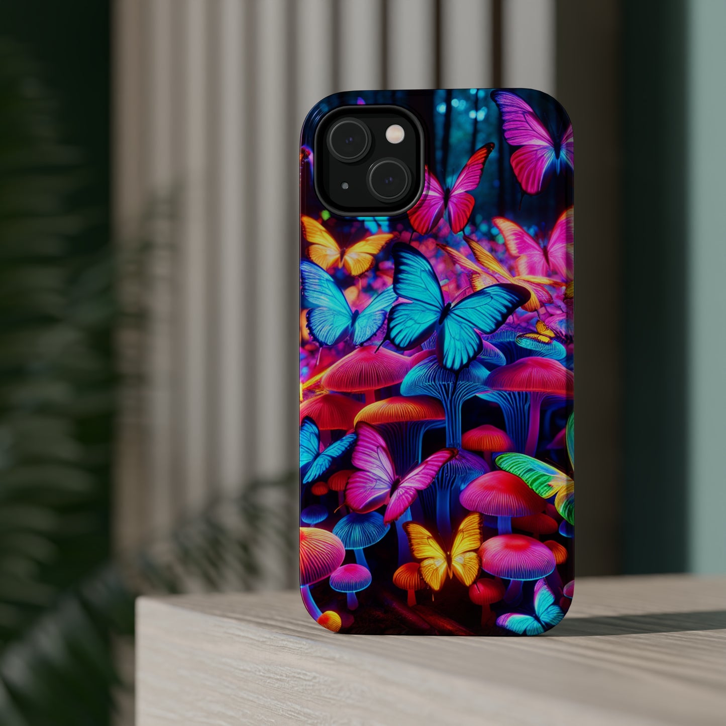 "Neon Tie-Dye Garden" Neon Butterflies and Mushrooms Premium Art Magsafe Magnet Tough IPhone 13 14 15 Pro Plus Max and Mini in Matte and Glossy Phone cases