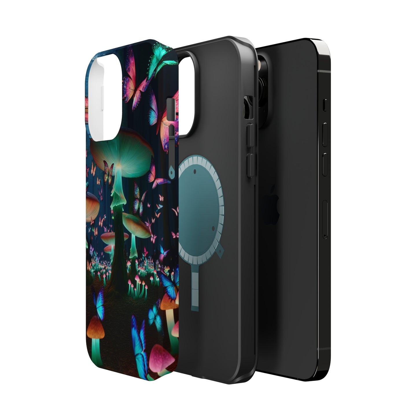 Neon Garden Delight. Neon Butterflies and Mushrooms Premium Art Magsafe Magnet Tough IPhone 13 14 15 Pro Plus Max and Mini in Matte and Glossy Phone cases