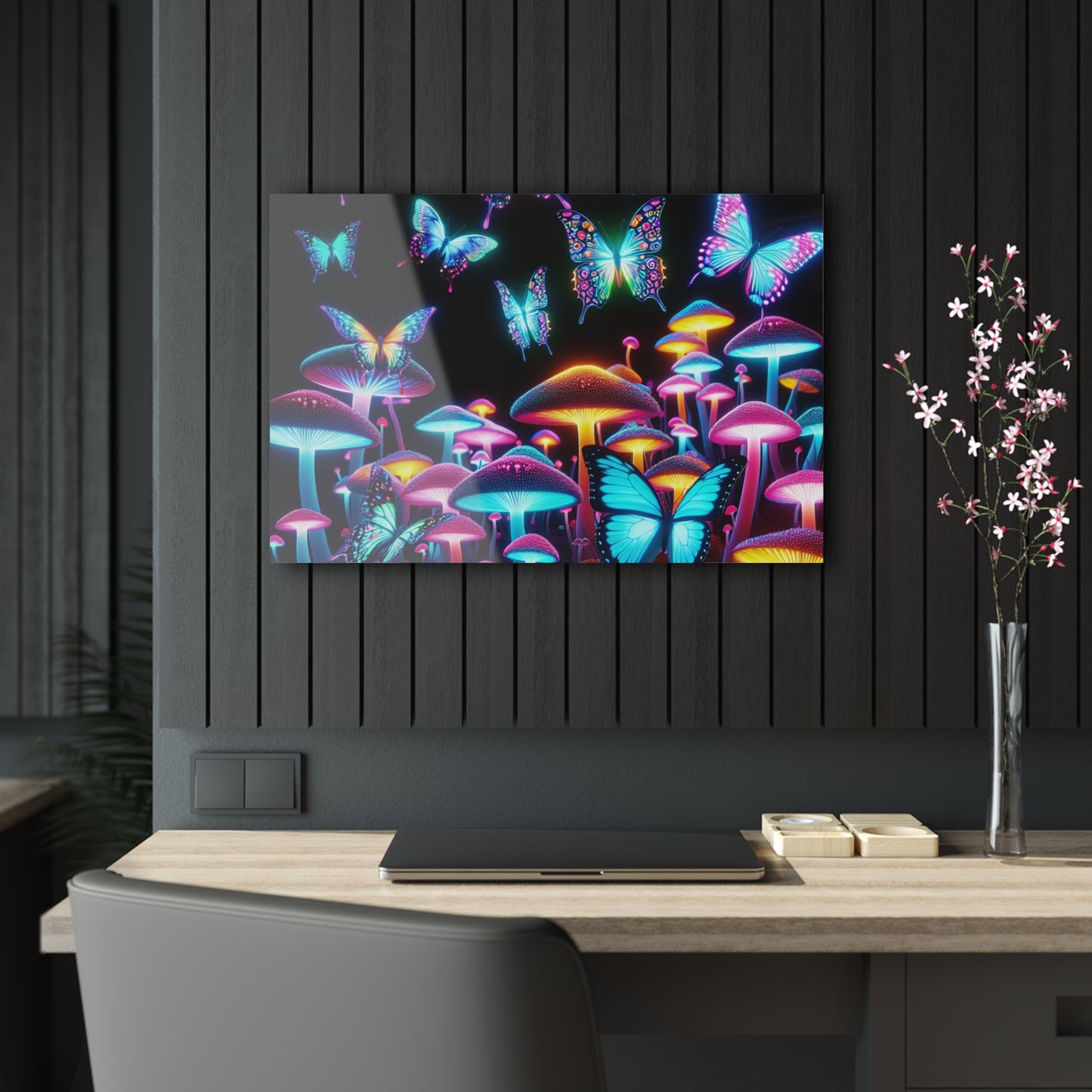 "Neon Splendor". Butterflies & Mushrooms 1/4" Glossy Acrylic Art
