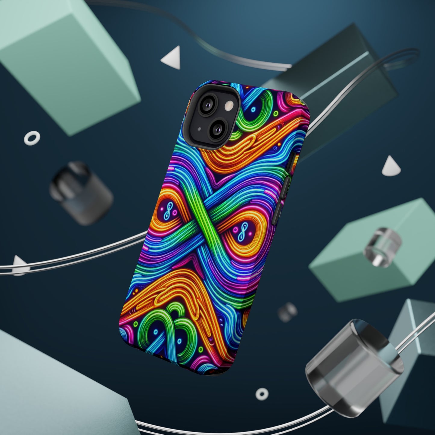 Cosmic Neon Infinity Spectacular. Neon Trippy Infinity Patterns Premium Art Magsafe Magnet Tough IPhone 13 14 15 Pro Plus Max and Mini in Matte and Glossy Phone cases