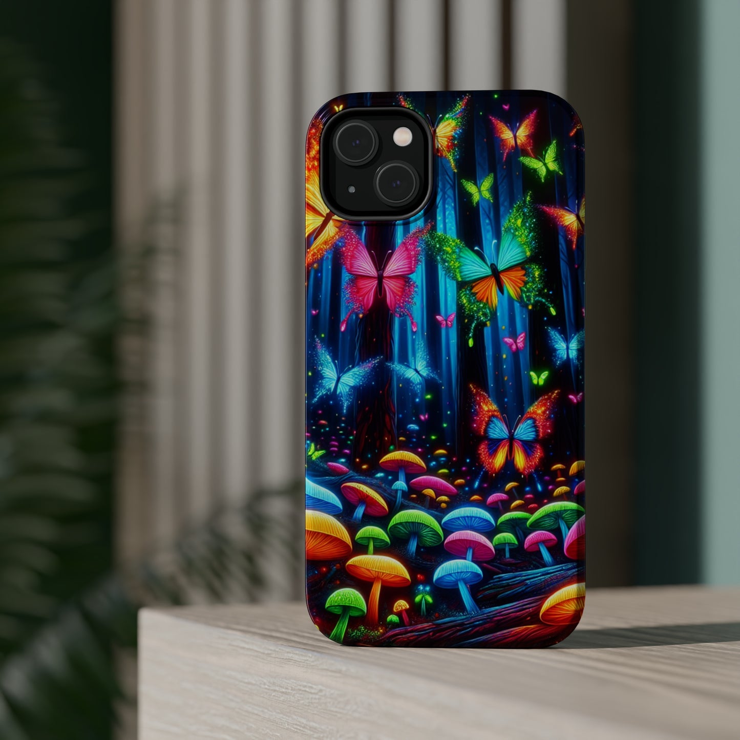 Neon Fantasia. Neon Butterflies and Mushrooms Premium Art Magsafe Magnet Tough IPhone 13 14 15 Pro Plus Max and Mini in Matte and Glossy Phone cases