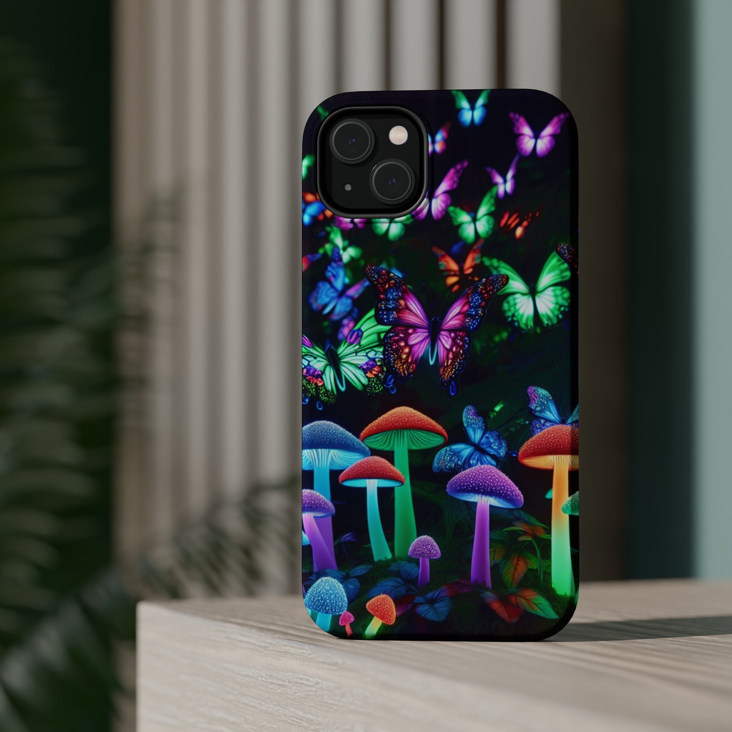 "Neon Burst Wonderland". Neon Butterflies and Mushrooms Premium Art Magsafe Magnet Tough IPhone 13 14 15 Pro Plus Max and Mini in Matte and Glossy Phone cases