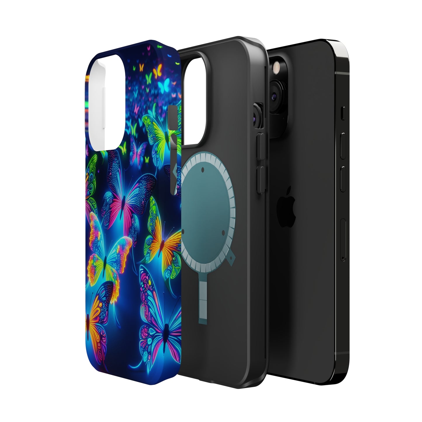 "Atmospheric Fluorescence" Neon Butterflies Premium Art Magsafe Magnet Tough IPhone 13 14 15 Pro Plus Max and Mini in Matte and Glossy Phone cases
