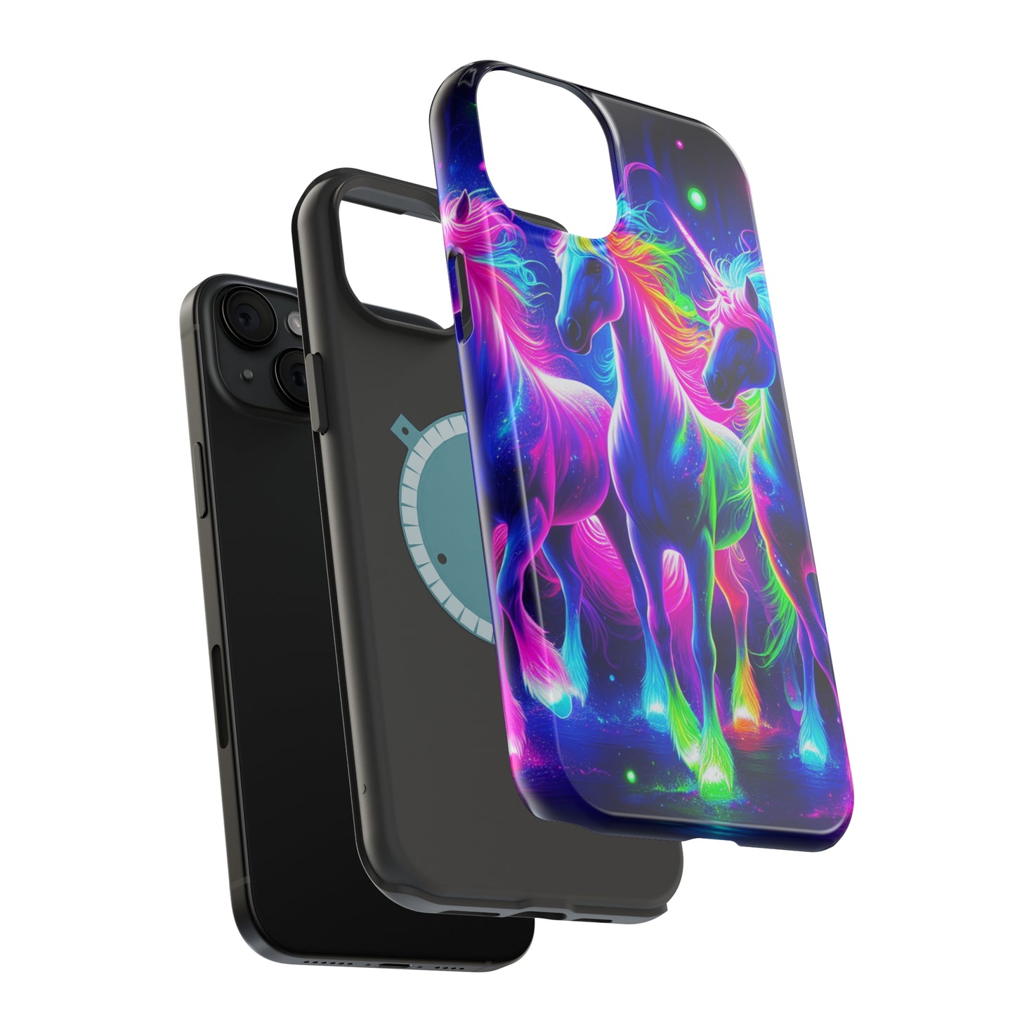 "Uni-Neon Fantasy" Neon Unicorns Premium Art Magsafe Magnet Tough IPhone 13 14 15 Pro Plus Max and Mini in Matte and Glossy Phone cases