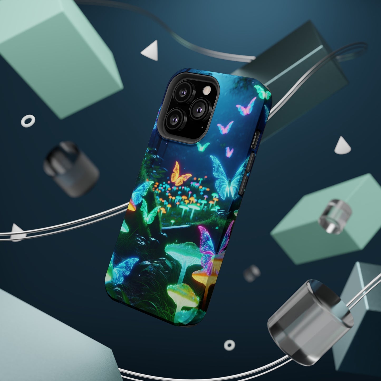 "Neon Meadow" Neon Butterflies and Mushrooms Premium Art Magsafe Magnet Tough IPhone 13 14 15 Pro Plus Max and Mini in Matte and Glossy Phone cases