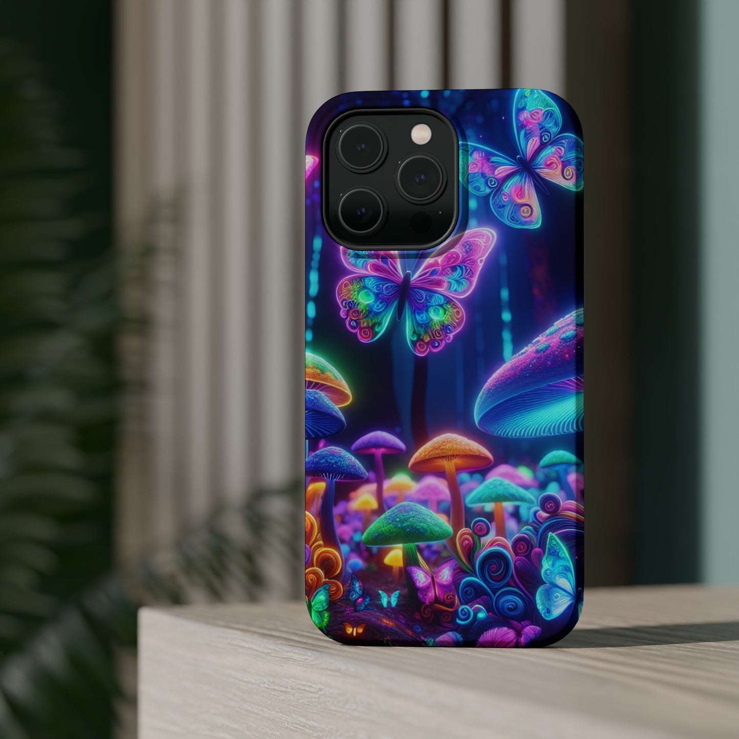 Neon Ecstasy. Neon Butterflies and Mushrooms Premium Art Magsafe Magnet Tough IPhone 13 14 15 Pro Plus Max and Mini in Matte and Glossy Phone cases