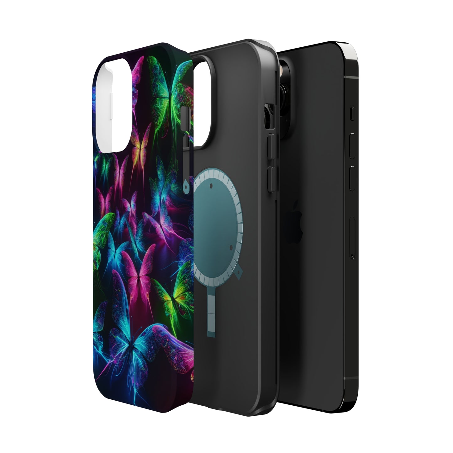 'Euphoria in Neon Flight' Neon Butterflies Premium Art Magsafe Magnet Tough IPhone 13 14 15 Pro Plus Max and Mini in Matte and Glossy Phone cases