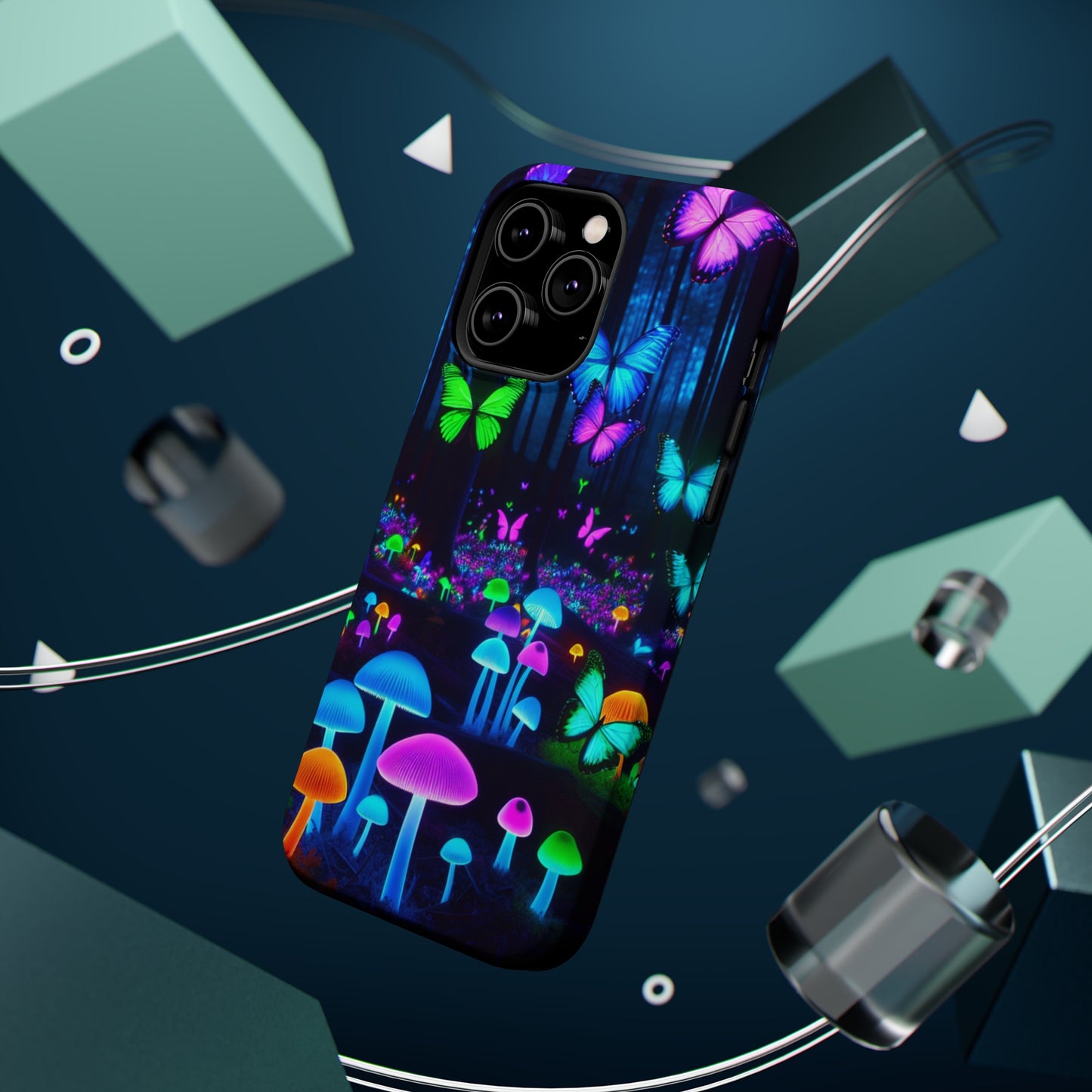 Neon Spectacle. Neon Butterflies and Mushrooms Premium Art Magsafe Magnet Tough IPhone 13 14 15 Pro Plus Max and Mini in Matte and Glossy Phone cases