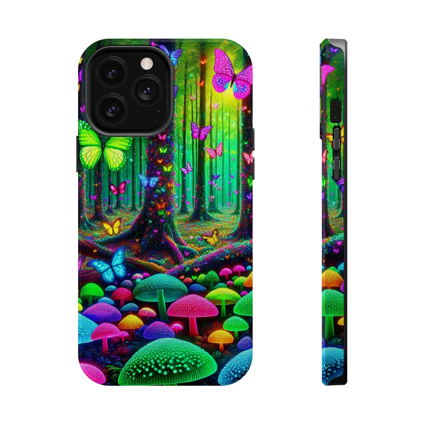 "Neon Garden Symphony". Neon Butterflies and Mushrooms Premium Art Magsafe Magnet Tough IPhone 13 14 15 Pro Plus Max and Mini in Matte and Glossy Phone cases
