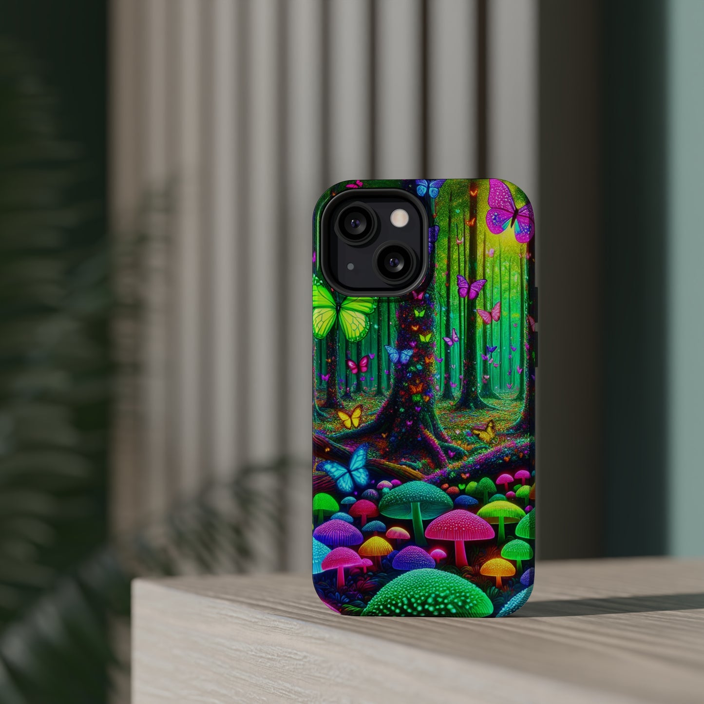 "Neon Garden Symphony". Neon Butterflies and Mushrooms Premium Art Magsafe Magnet Tough IPhone 13 14 15 Pro Plus Max and Mini in Matte and Glossy Phone cases