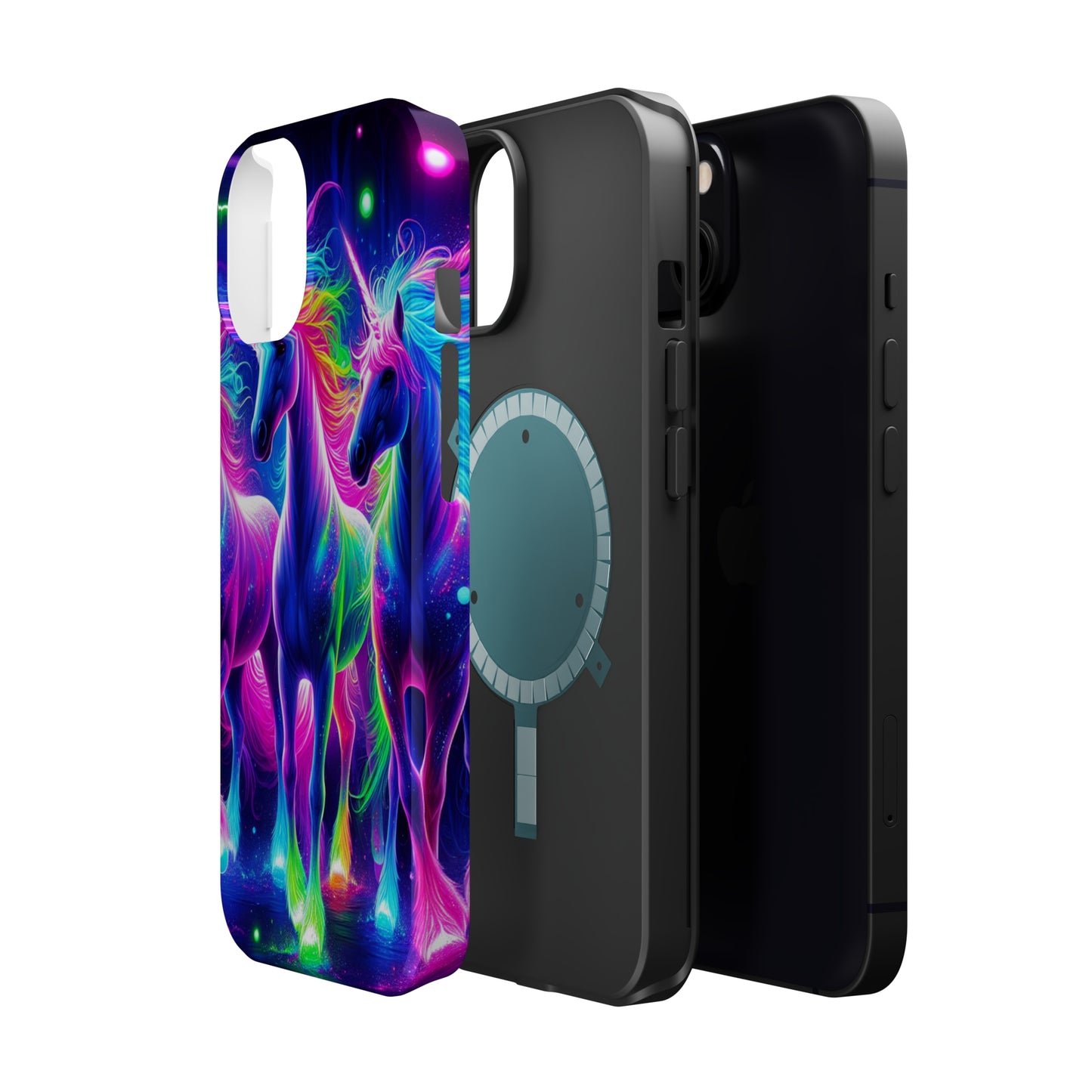 "Uni-Neon Fantasy" Neon Unicorns Premium Art Magsafe Magnet Tough IPhone 13 14 15 Pro Plus Max and Mini in Matte and Glossy Phone cases