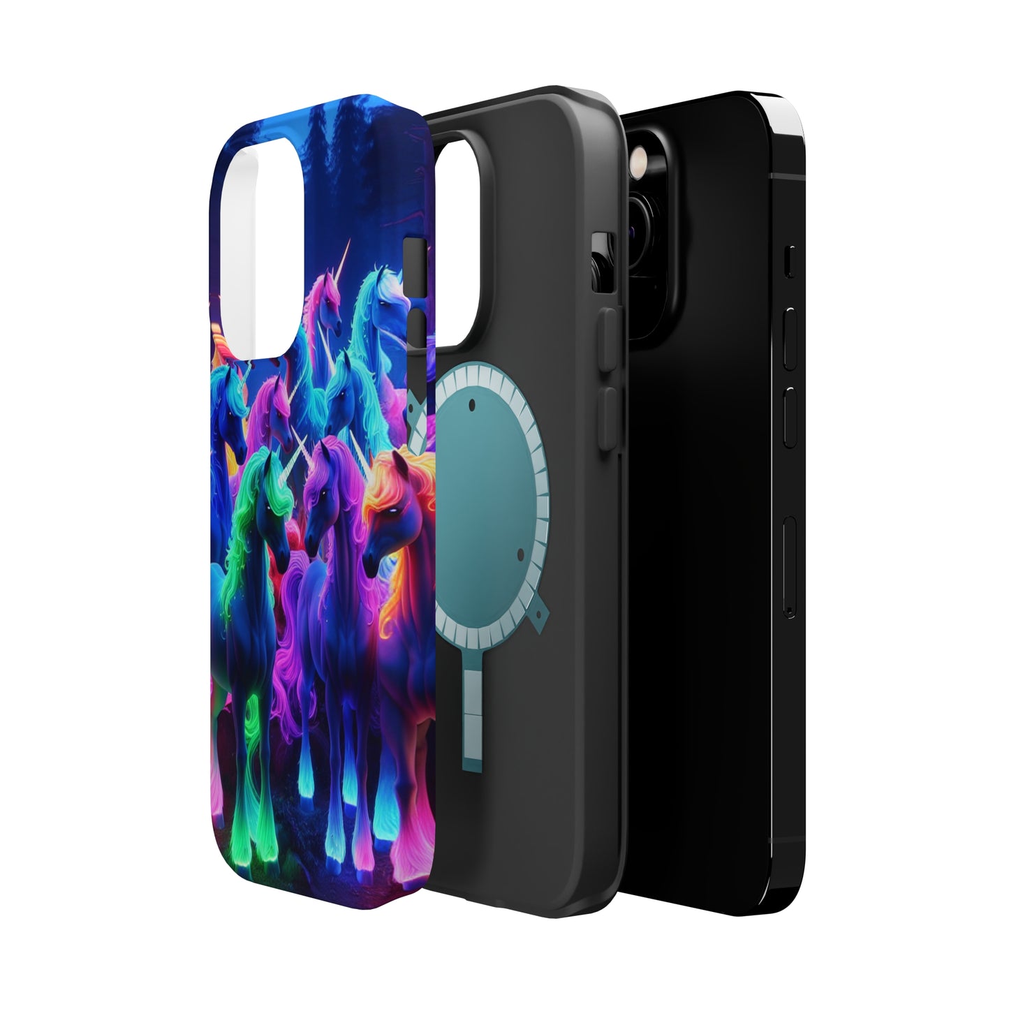 "Neon Fantasyland" Neon Unicorns Premium Art Magsafe Magnet Tough IPhone 13 14 15 Pro Plus Max and Mini in Matte and Glossy Phone cases