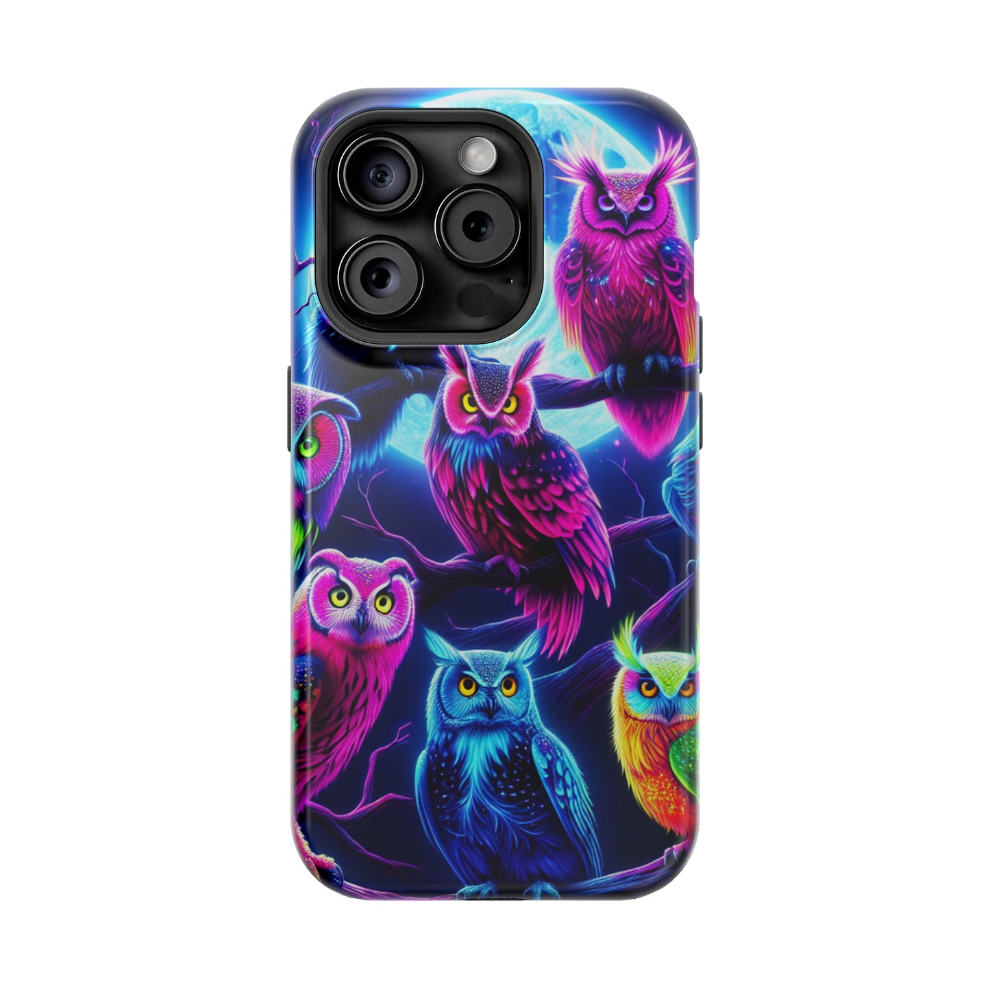 "Neon Splash of Owls" Neon Owls Premium Art Magsafe Magnet Tough IPhone 13 14 15 Pro Plus Max and Mini in Matte and Glossy Phone cases