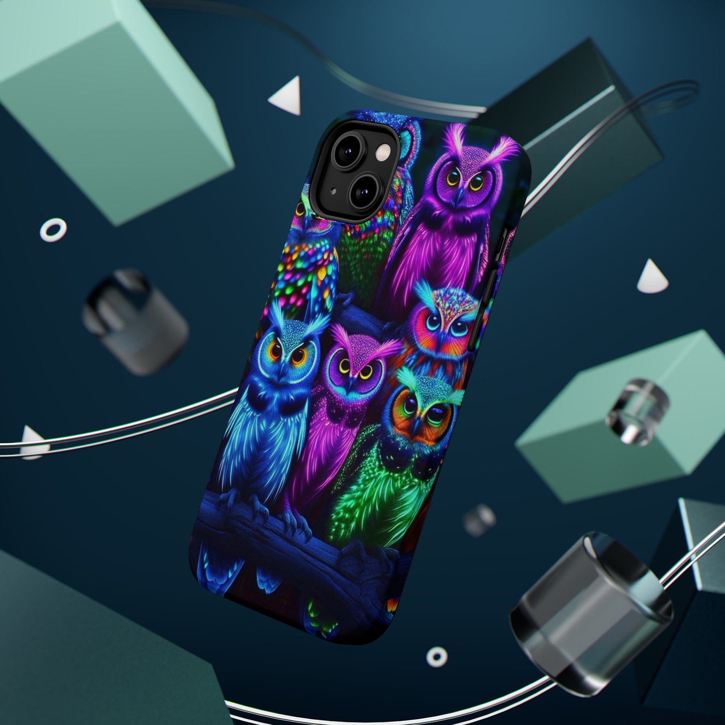 "Neon Nocturne" Neon Owls Premium Art Magsafe Magnet Tough IPhone 13 14 15 Pro Plus Max and Mini in Matte and Glossy Phone cases