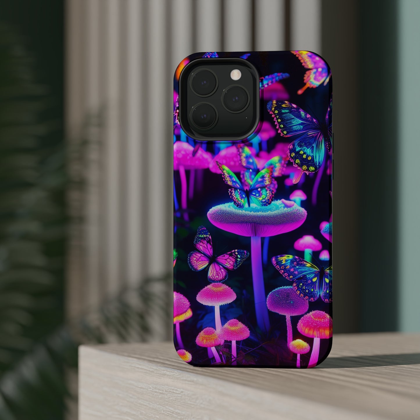"Neon Gloomsprite Dance" Neon Butterflies and Mushrooms Premium Art Magsafe Magnet Tough IPhone 13 14 15 Pro Plus Max and Mini in Matte and Glossy Phone cases