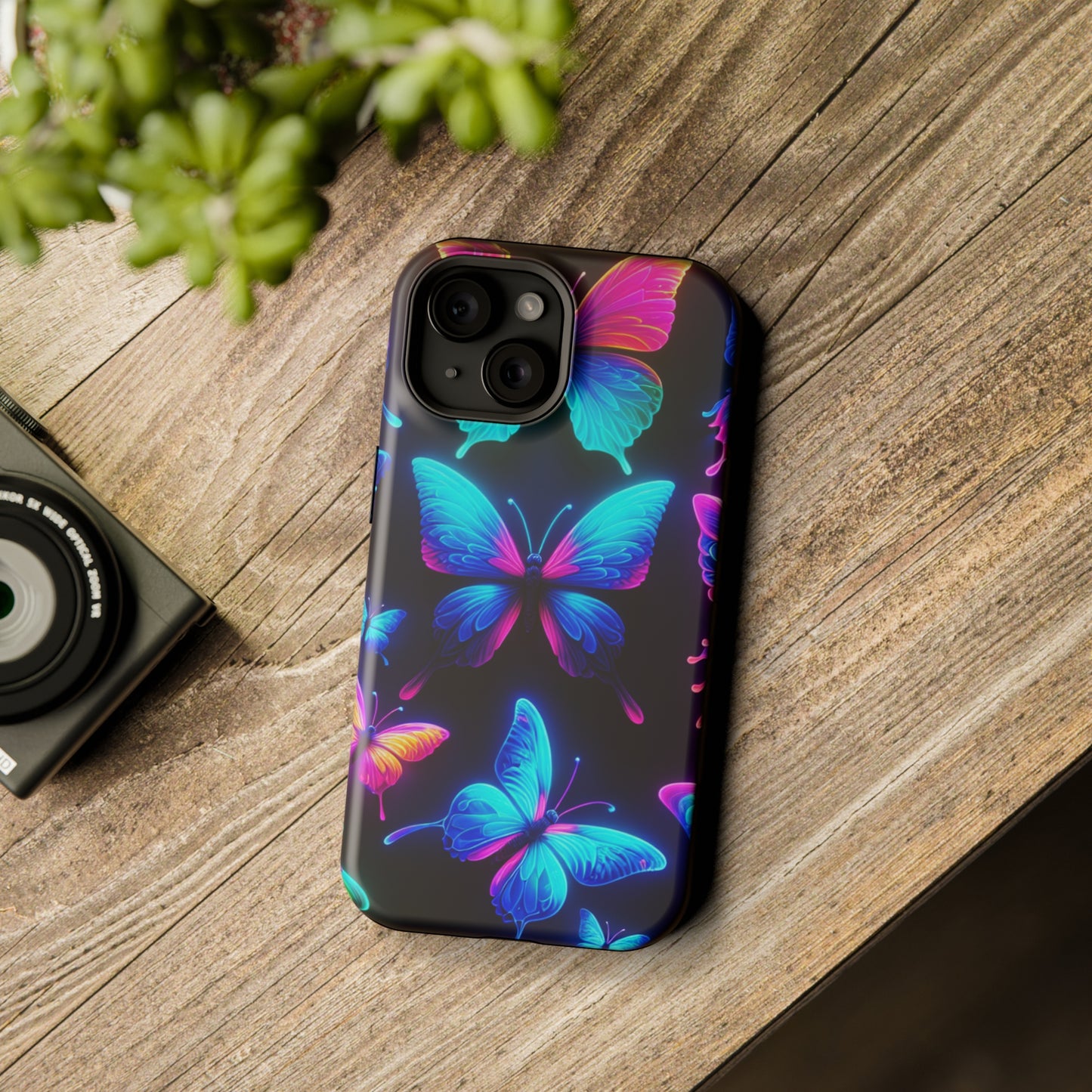 "Neon Flight Frenzy" Neon Butterflies Premium Art Magsafe Magnet Tough IPhone 13 14 15 Pro Plus Max and Mini in Matte and Glossy Phone cases