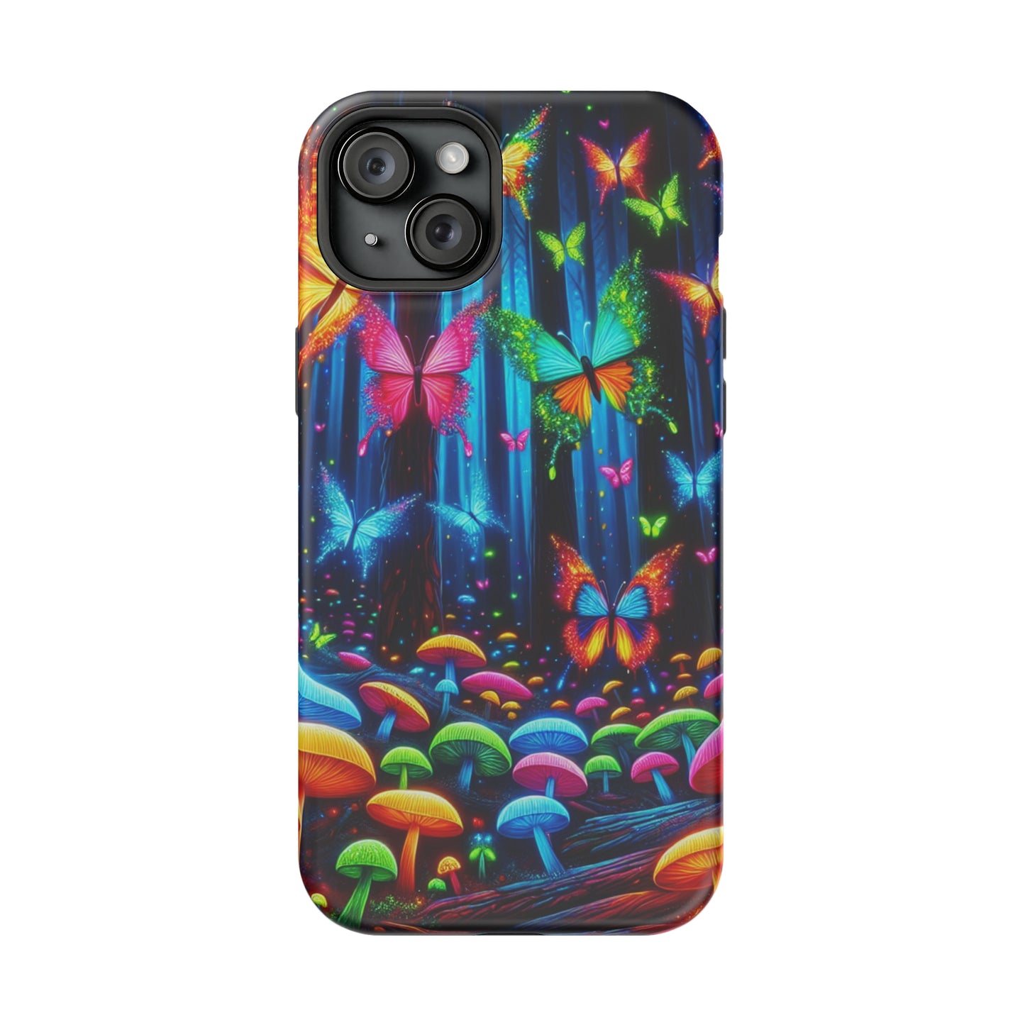 Neon Fantasia. Neon Butterflies and Mushrooms Premium Art Magsafe Magnet Tough IPhone 13 14 15 Pro Plus Max and Mini in Matte and Glossy Phone cases