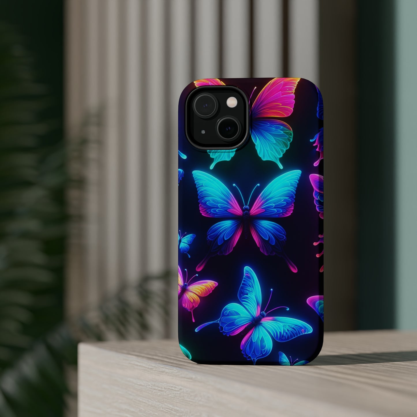 "Neon Flight Frenzy" Neon Butterflies Premium Art Magsafe Magnet Tough IPhone 13 14 15 Pro Plus Max and Mini in Matte and Glossy Phone cases