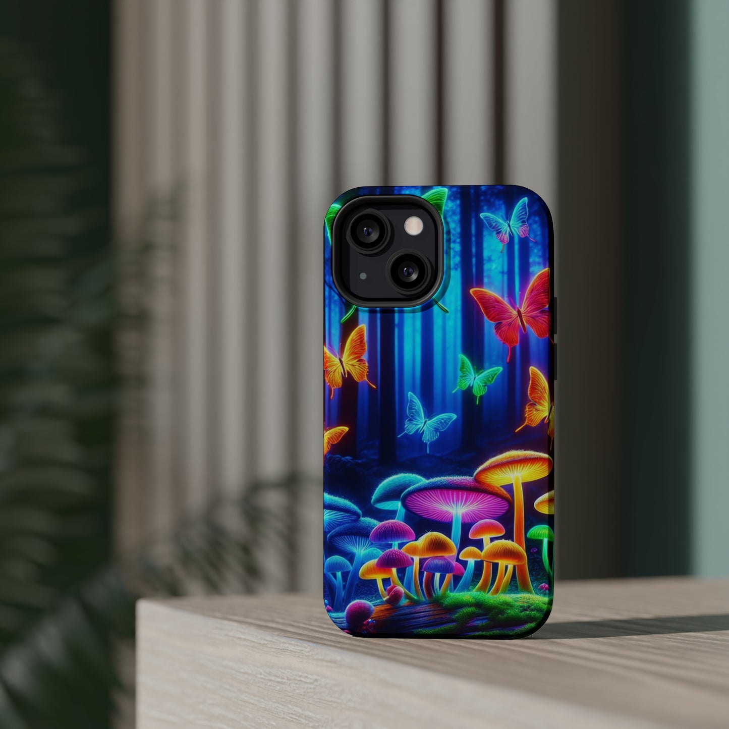 "Neon Garden Delight" Neon Butterflies and Mushrooms Premium Art Magsafe Magnet Tough IPhone 13 14 15 Pro Plus Max and Mini in Matte and Glossy Phone cases