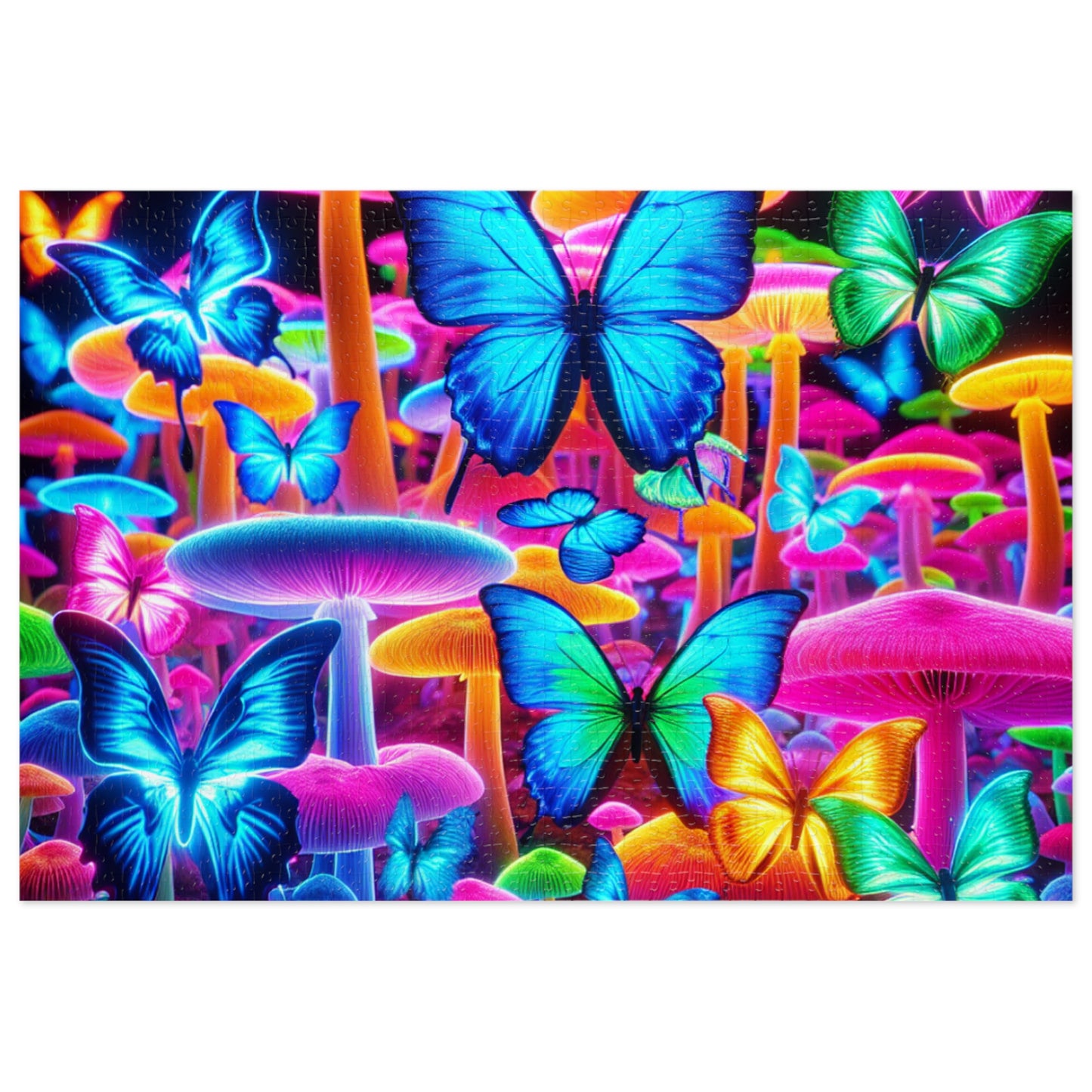 Neon Splendor. - Neon Butterflies and Mushrooms Puzzle 30, 110, 252, and 1000 Pieces