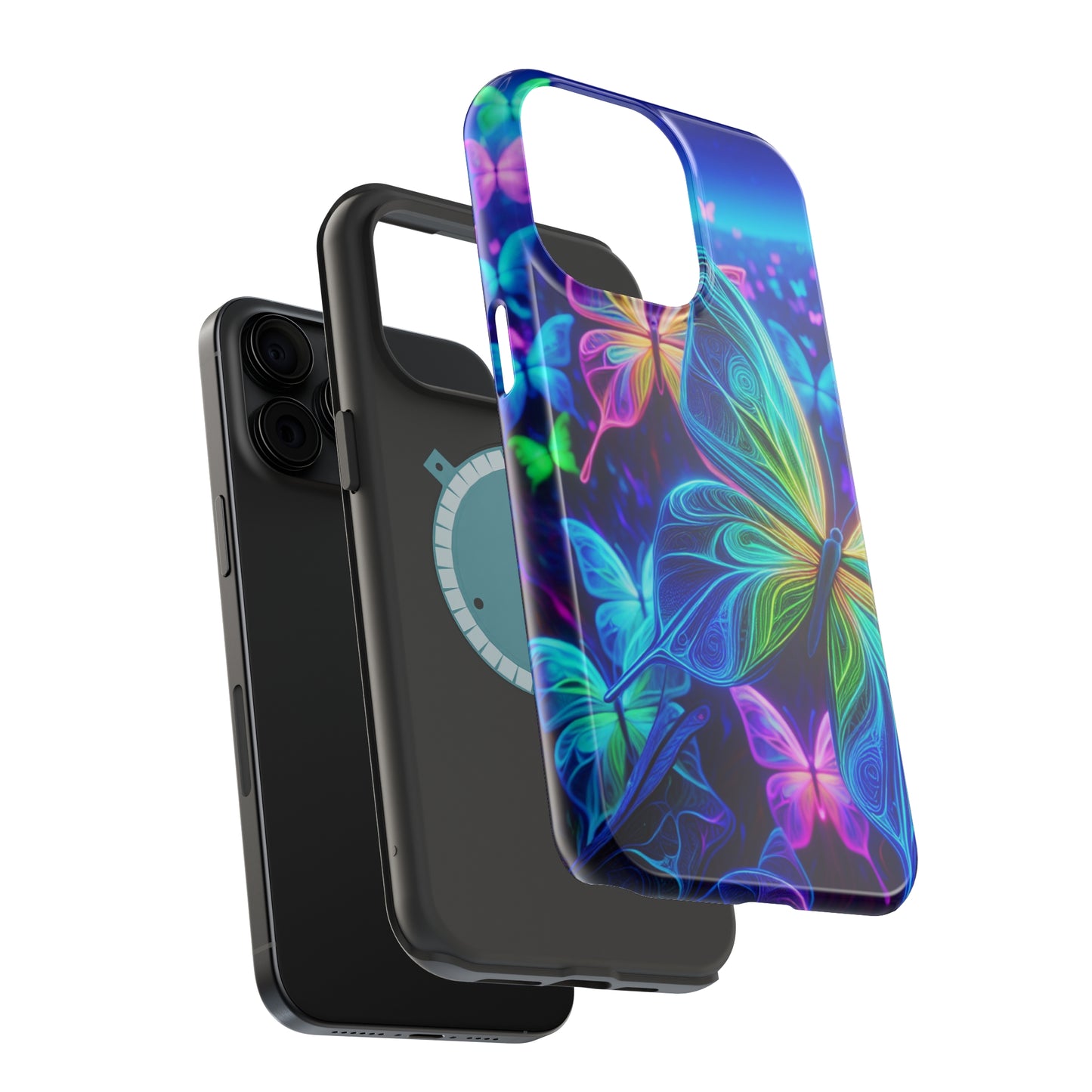'Serene Spectacle of Neon Butterflies' Neon Butterflies Premium Art Magsafe Magnet Tough IPhone 13 14 15 Pro Plus Max and Mini in Matte and Glossy Phone cases