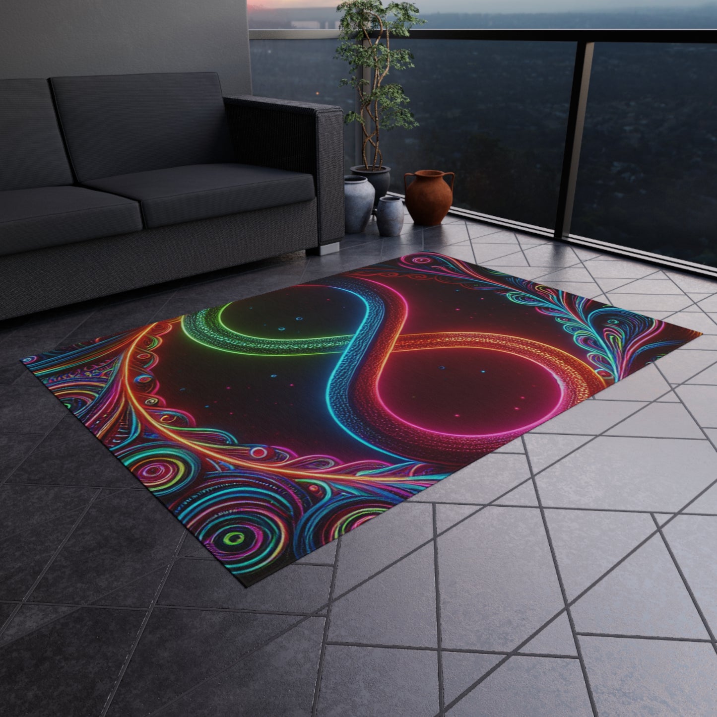Neon Vortex Infinity. Infinity Patterns Outdoor Rug