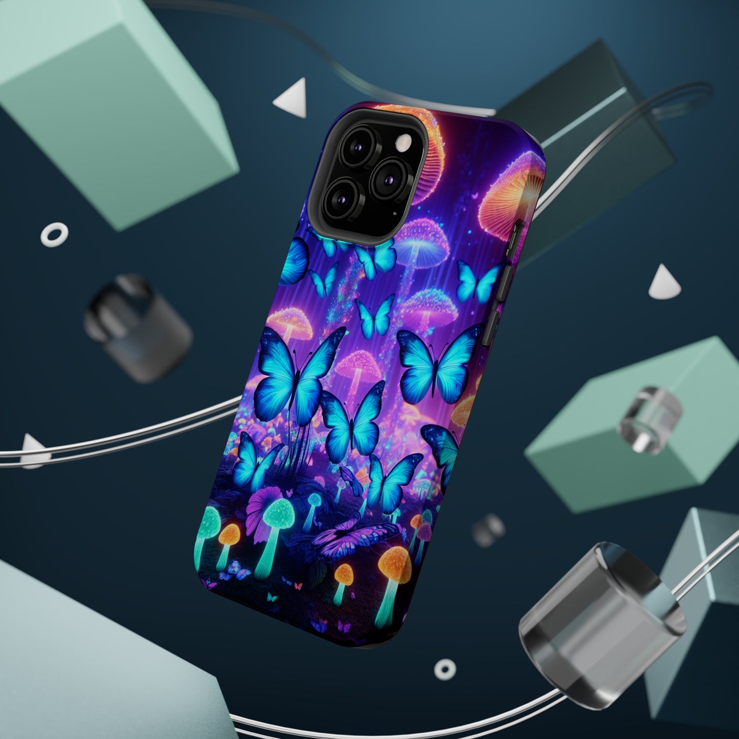 Neon Delight Landscape Neon Butterflies and Mushrooms Premium Art Magsafe Magnet Tough IPhone 13 14 15 Pro Plus Max and Mini in Matte and Glossy Phone cases