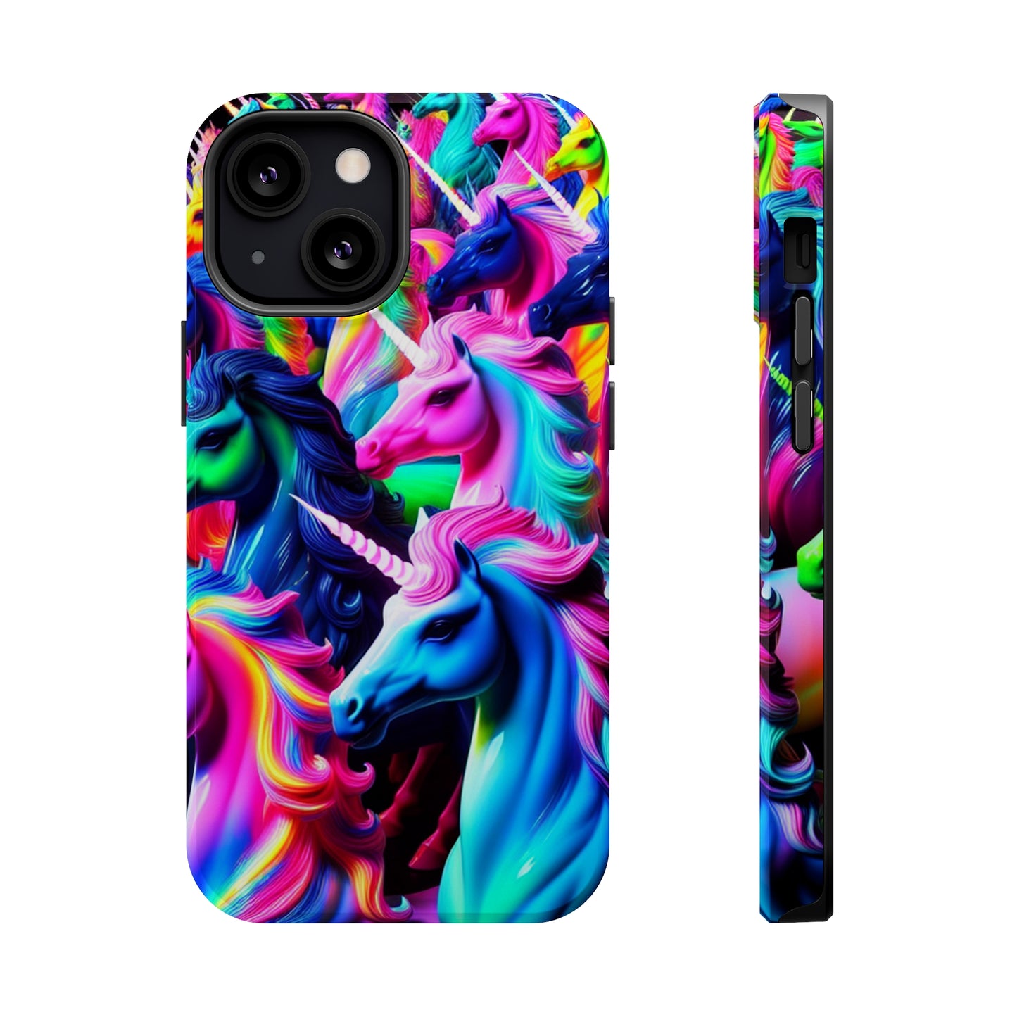 "Neon Illumination" Neon Unicorns Premium Art Magsafe Magnet Tough IPhone 13 14 15 Pro Plus Max and Mini in Matte and Glossy Phone cases