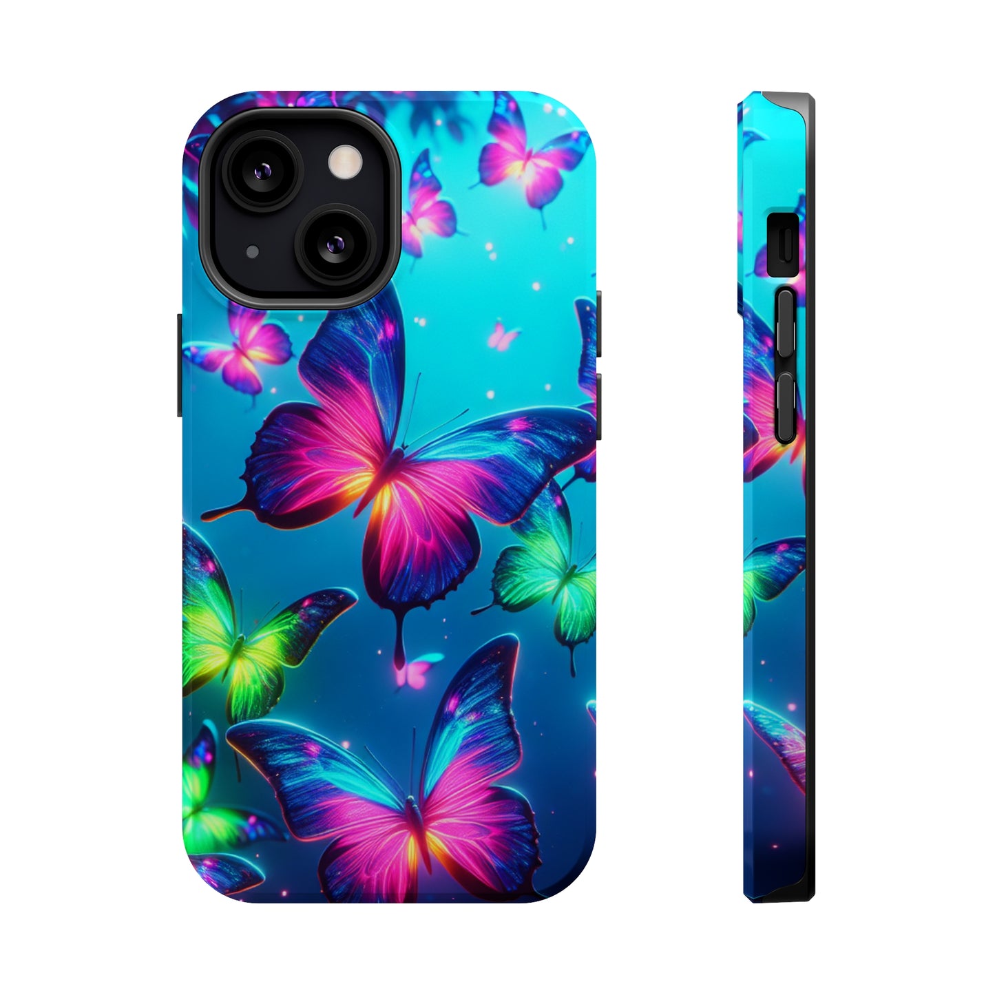 Vivid Glinting Neon Butterflies Neon Butterflies Premium Art Magsafe Magnet Tough IPhone 13 14 15 Pro Plus Max and Mini in Matte and Glossy Phone cases