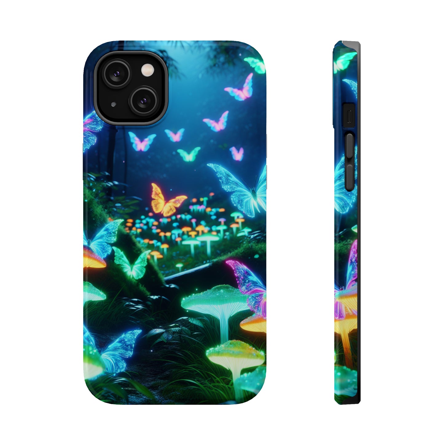"Neon Meadow" Neon Butterflies and Mushrooms Premium Art Magsafe Magnet Tough IPhone 13 14 15 Pro Plus Max and Mini in Matte and Glossy Phone cases