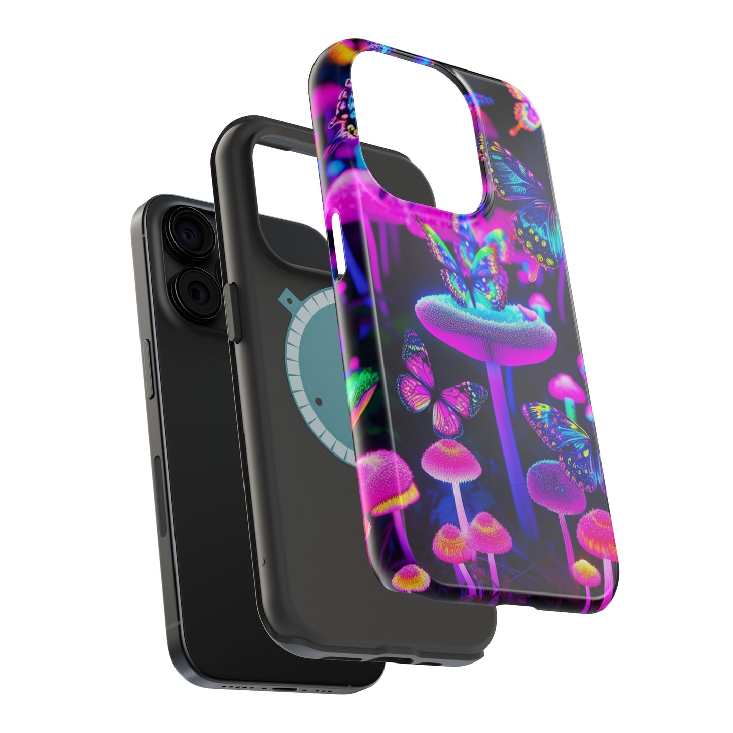 "Neon Gloomsprite Dance" Neon Butterflies and Mushrooms Premium Art Magsafe Magnet Tough IPhone 13 14 15 Pro Plus Max and Mini in Matte and Glossy Phone cases