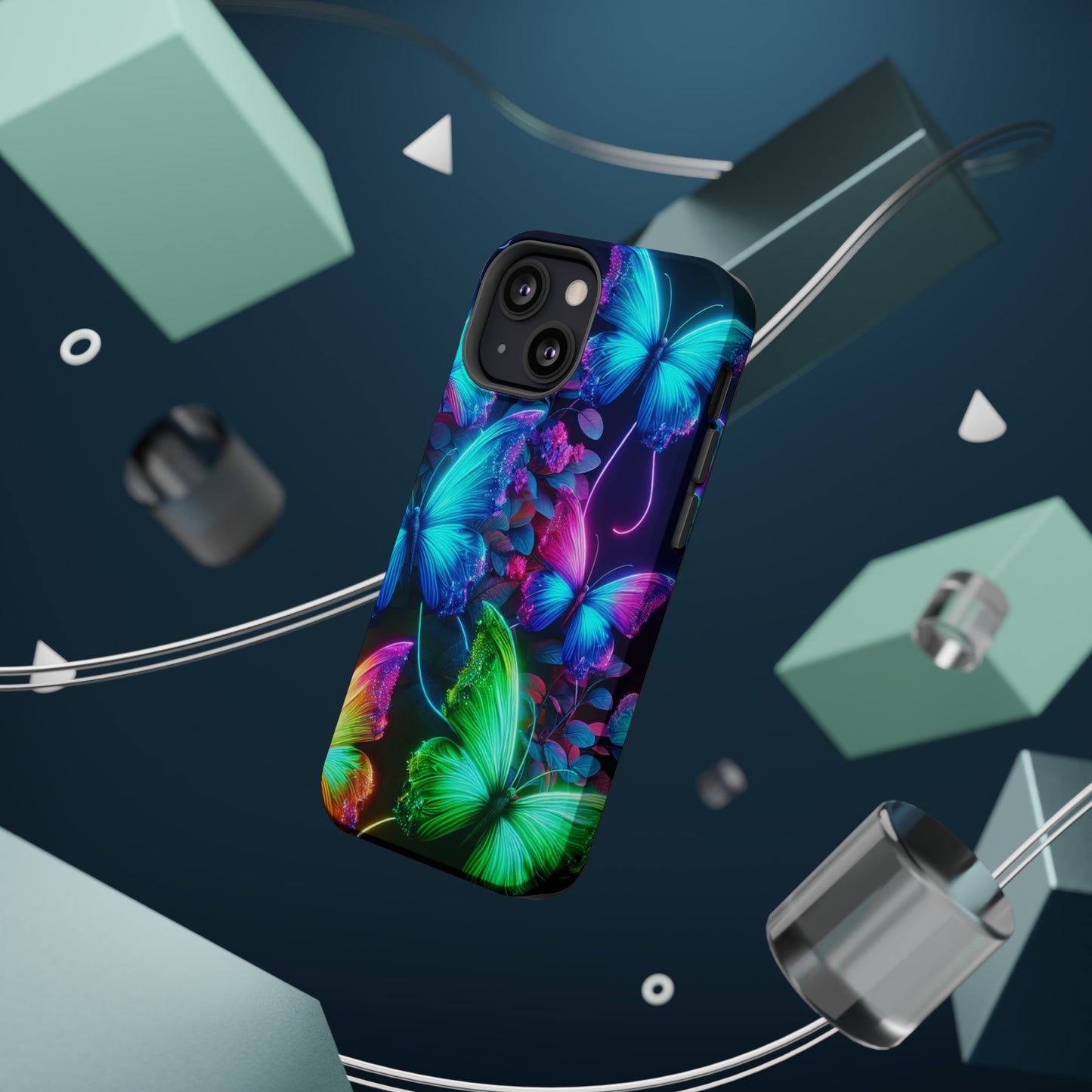 Neon Flutter Symphony Neon Butterflies Premium Art Magsafe Magnet Tough IPhone 13 14 15 Pro Plus Max and Mini in Matte and Glossy Phone cases