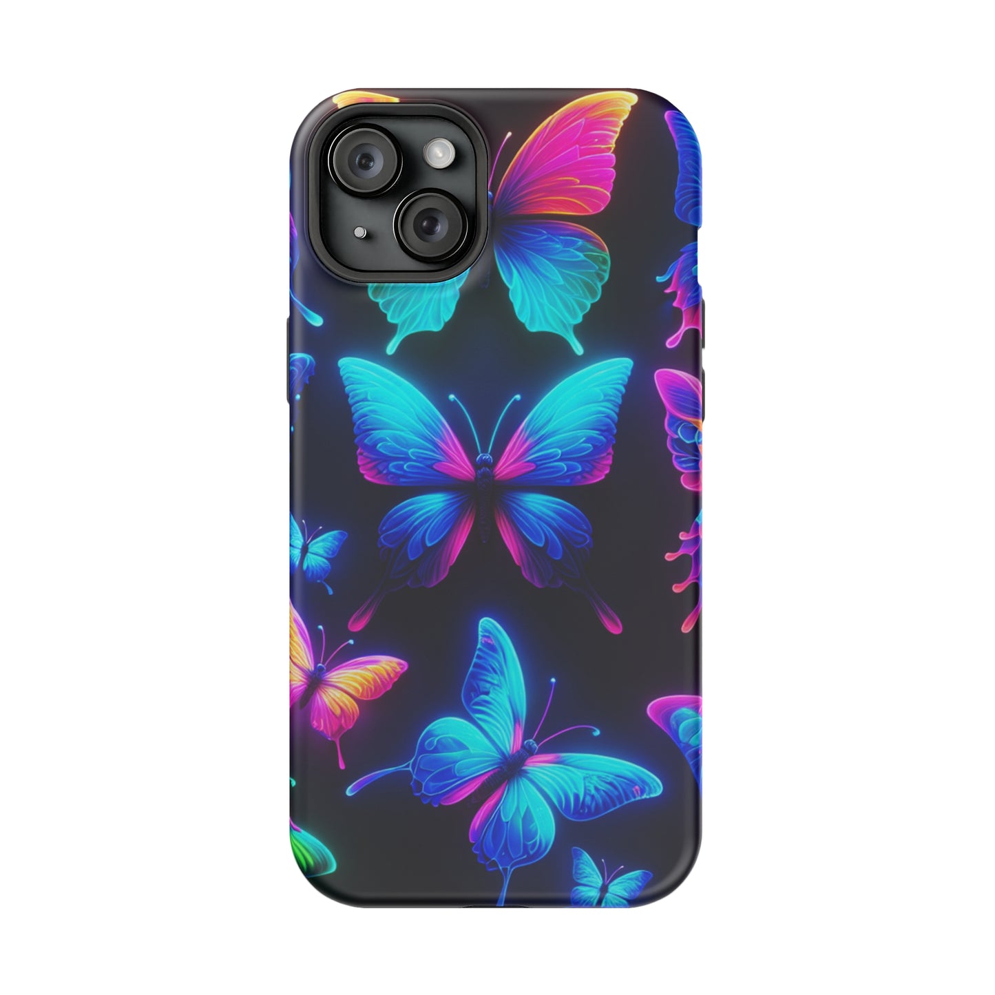 "Neon Flight Frenzy" Neon Butterflies Premium Art Magsafe Magnet Tough IPhone 13 14 15 Pro Plus Max and Mini in Matte and Glossy Phone cases
