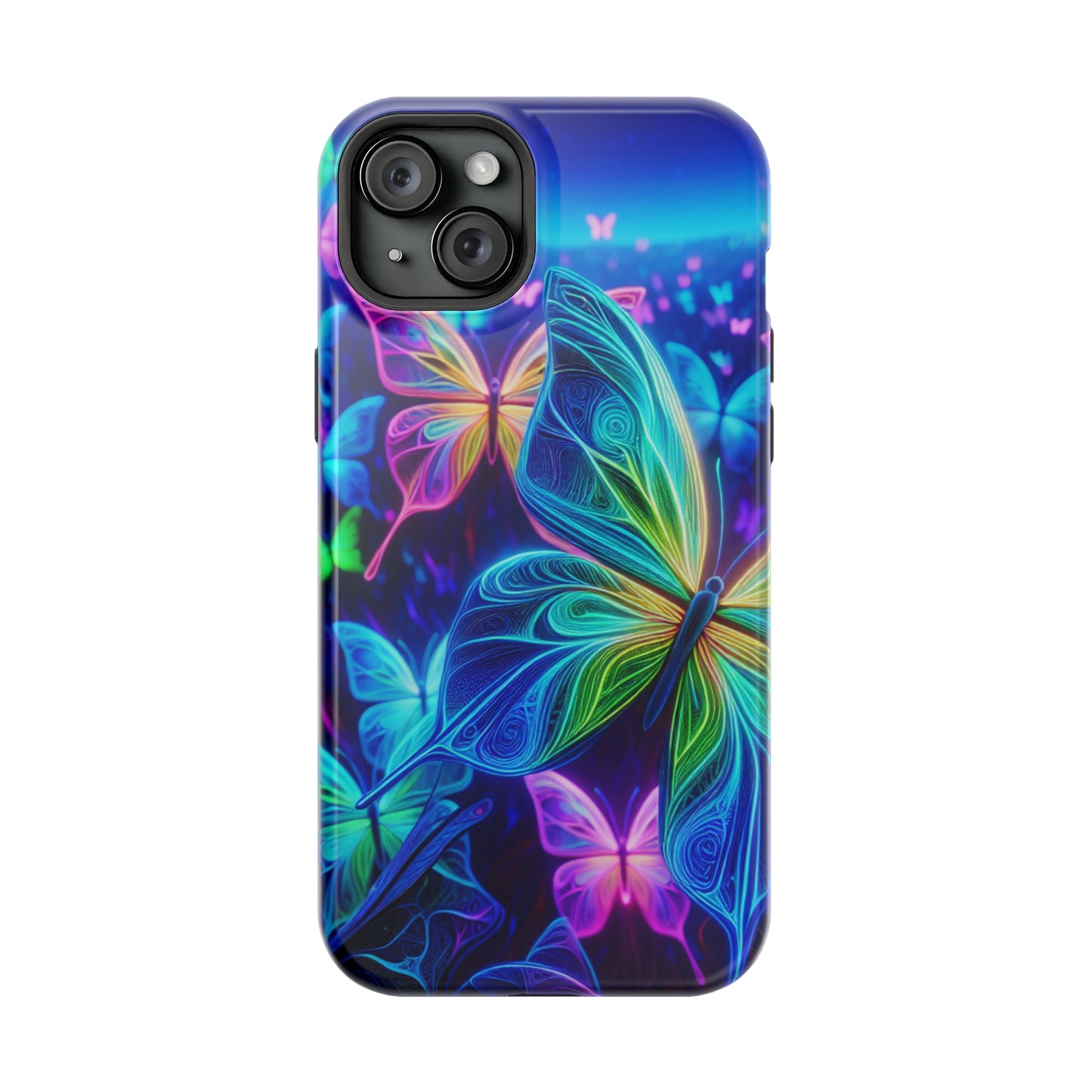 'Serene Spectacle of Neon Butterflies' Neon Butterflies Premium Art Magsafe Magnet Tough IPhone 13 14 15 Pro Plus Max and Mini in Matte and Glossy Phone cases