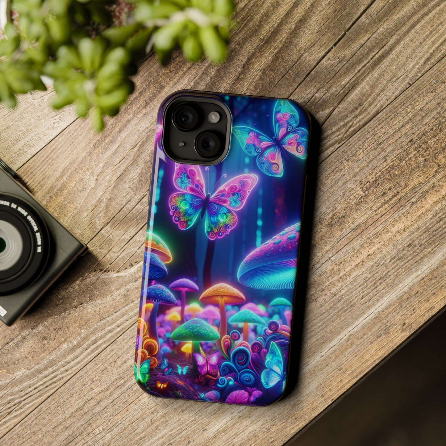 Neon Ecstasy. Neon Butterflies and Mushrooms Premium Art Magsafe Magnet Tough IPhone 13 14 15 Pro Plus Max and Mini in Matte and Glossy Phone cases