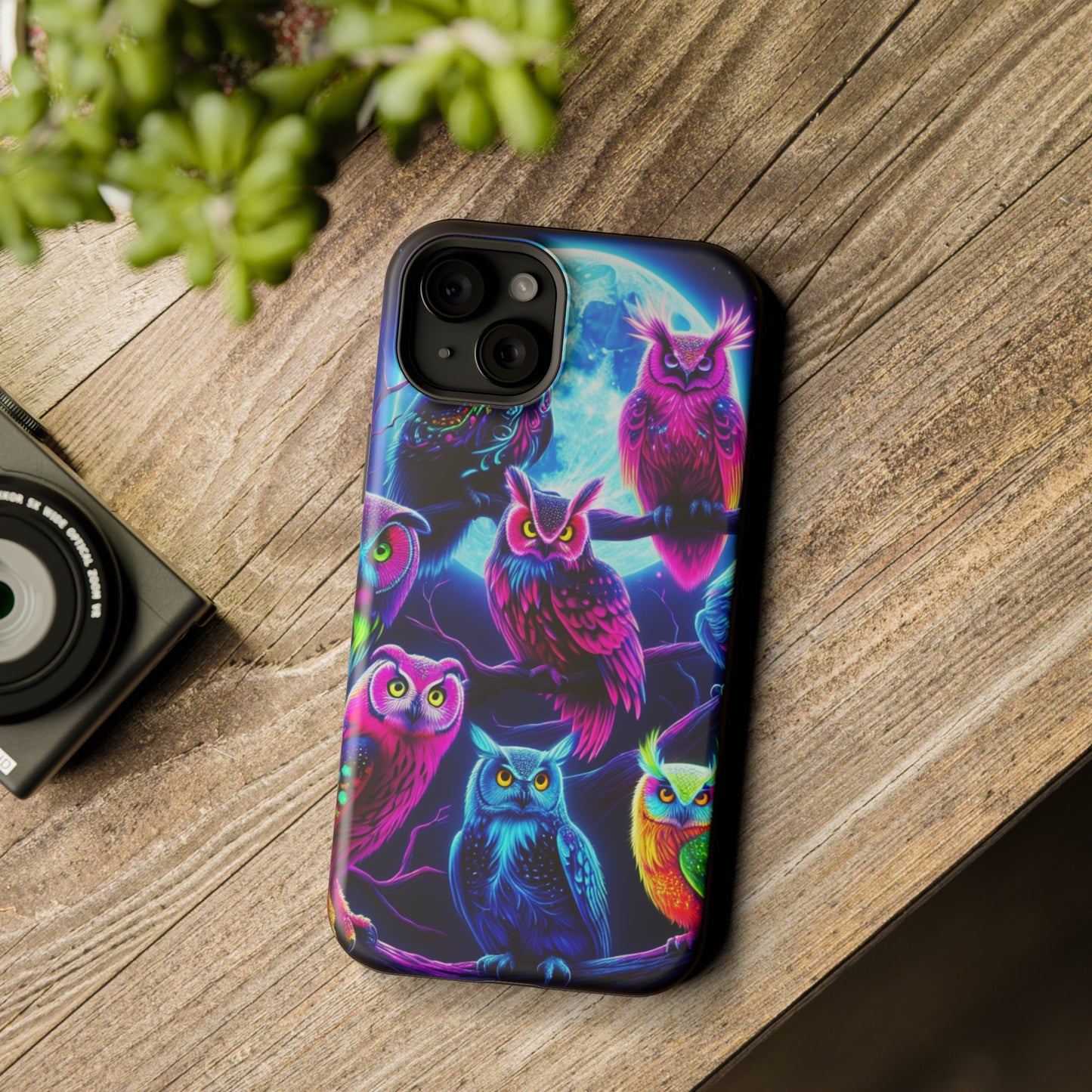 "Neon Splash of Owls" Neon Owls Premium Art Magsafe Magnet Tough IPhone 13 14 15 Pro Plus Max and Mini in Matte and Glossy Phone cases