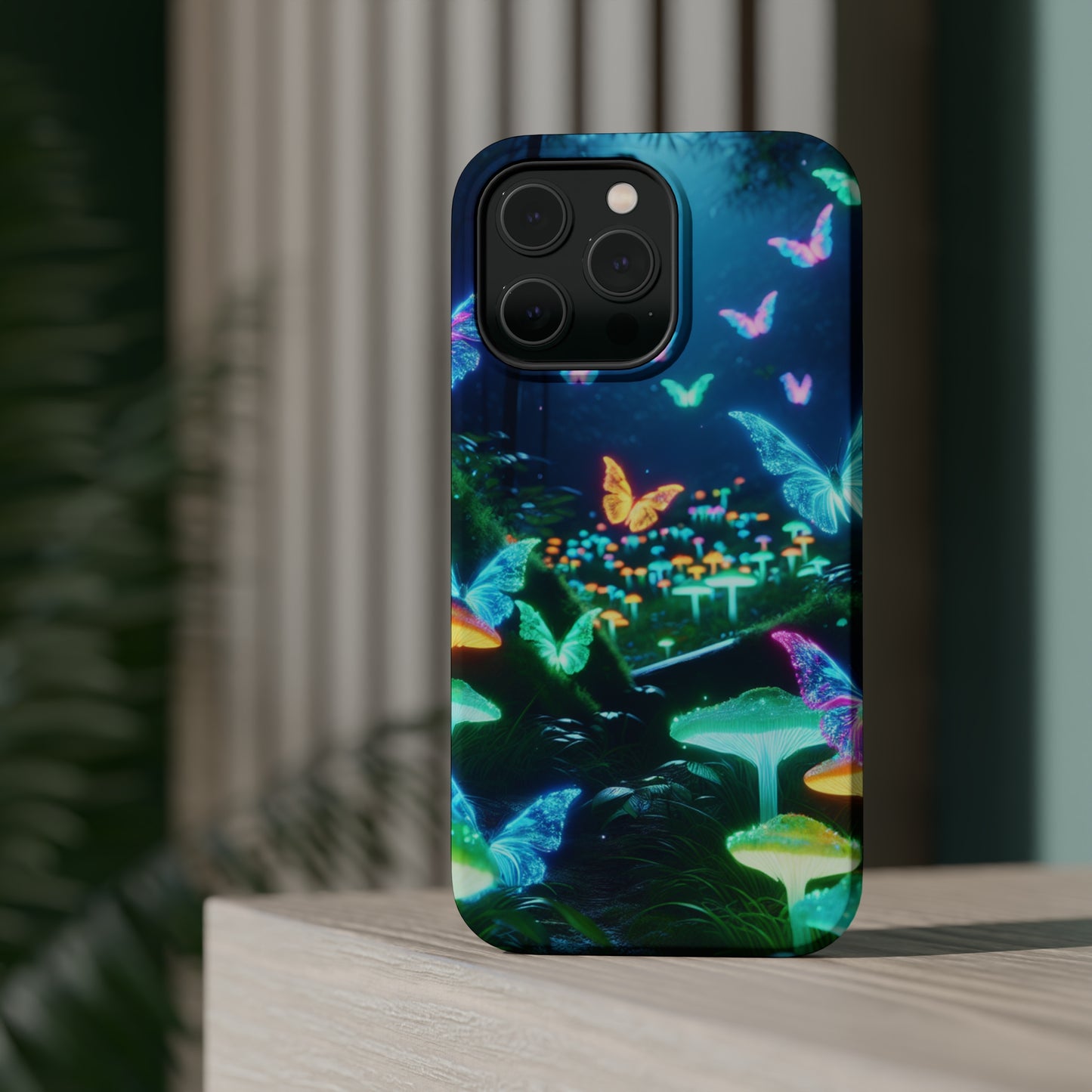 "Neon Meadow" Neon Butterflies and Mushrooms Premium Art Magsafe Magnet Tough IPhone 13 14 15 Pro Plus Max and Mini in Matte and Glossy Phone cases