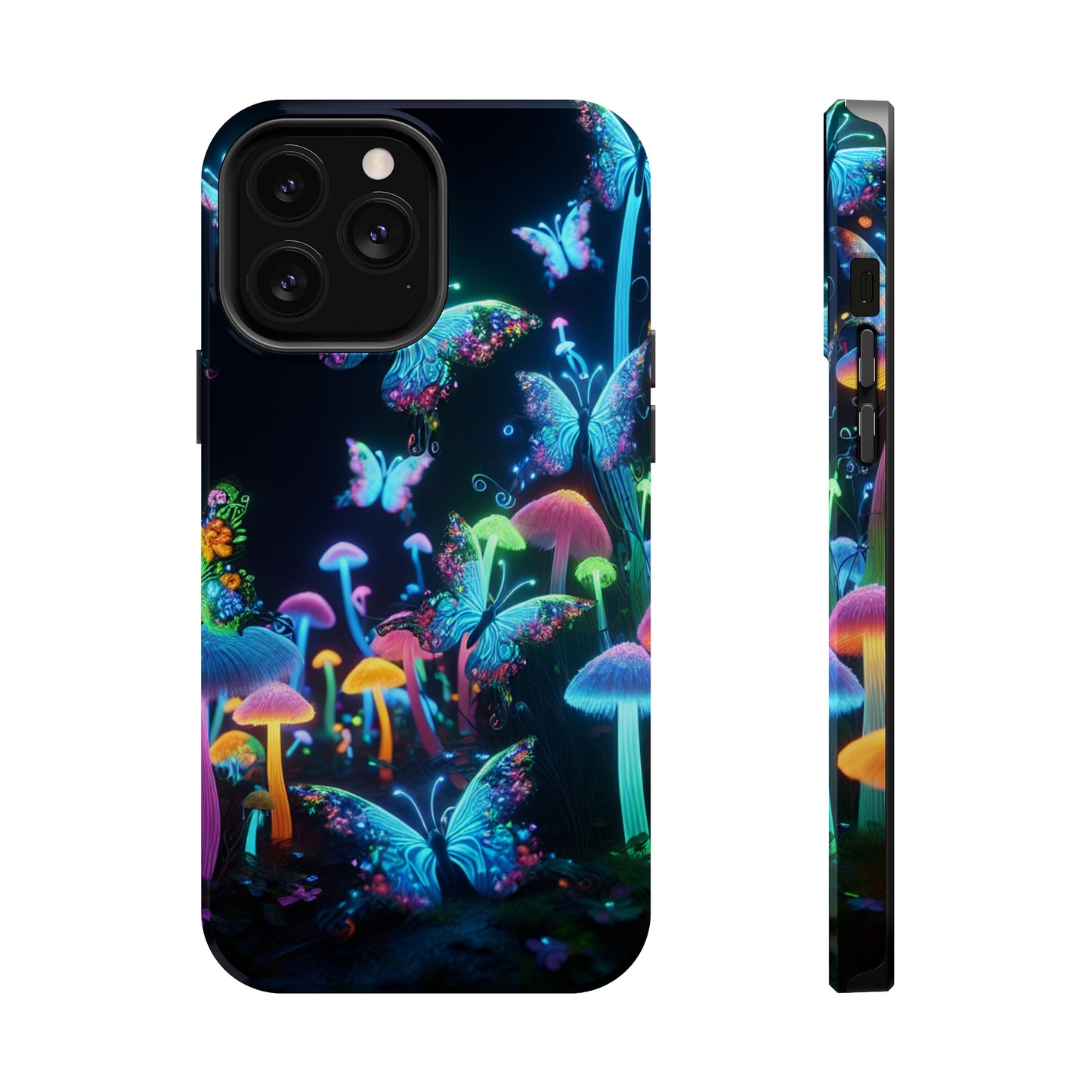 "Neon Dreamscape" Neon Butterflies and Mushrooms Premium Art Magsafe Magnet Tough IPhone 13 14 15 Pro Plus Max and Mini in Matte and Glossy Phone cases
