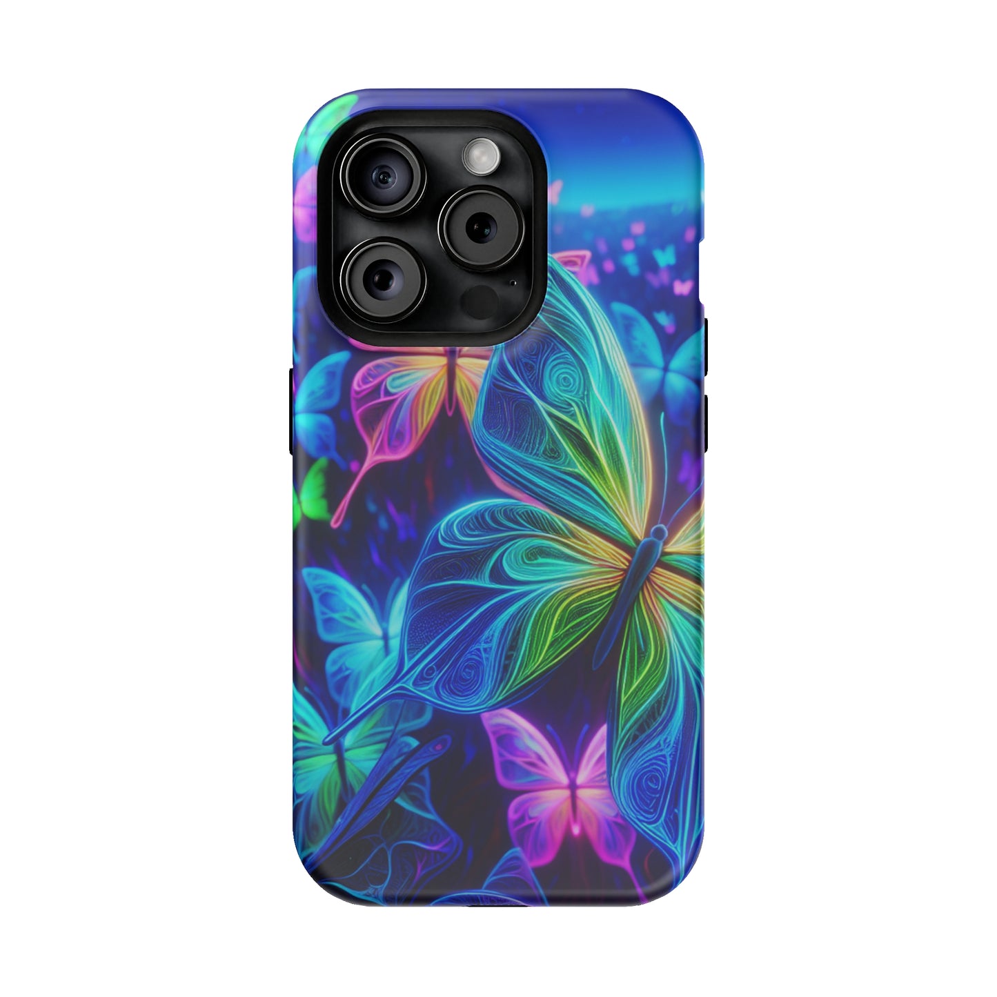 'Serene Spectacle of Neon Butterflies' Neon Butterflies Premium Art Magsafe Magnet Tough IPhone 13 14 15 Pro Plus Max and Mini in Matte and Glossy Phone cases