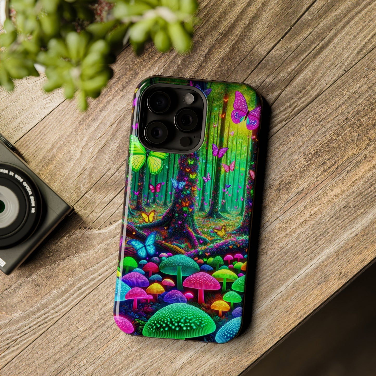 "Neon Garden Symphony". Neon Butterflies and Mushrooms Premium Art Magsafe Magnet Tough IPhone 13 14 15 Pro Plus Max and Mini in Matte and Glossy Phone cases