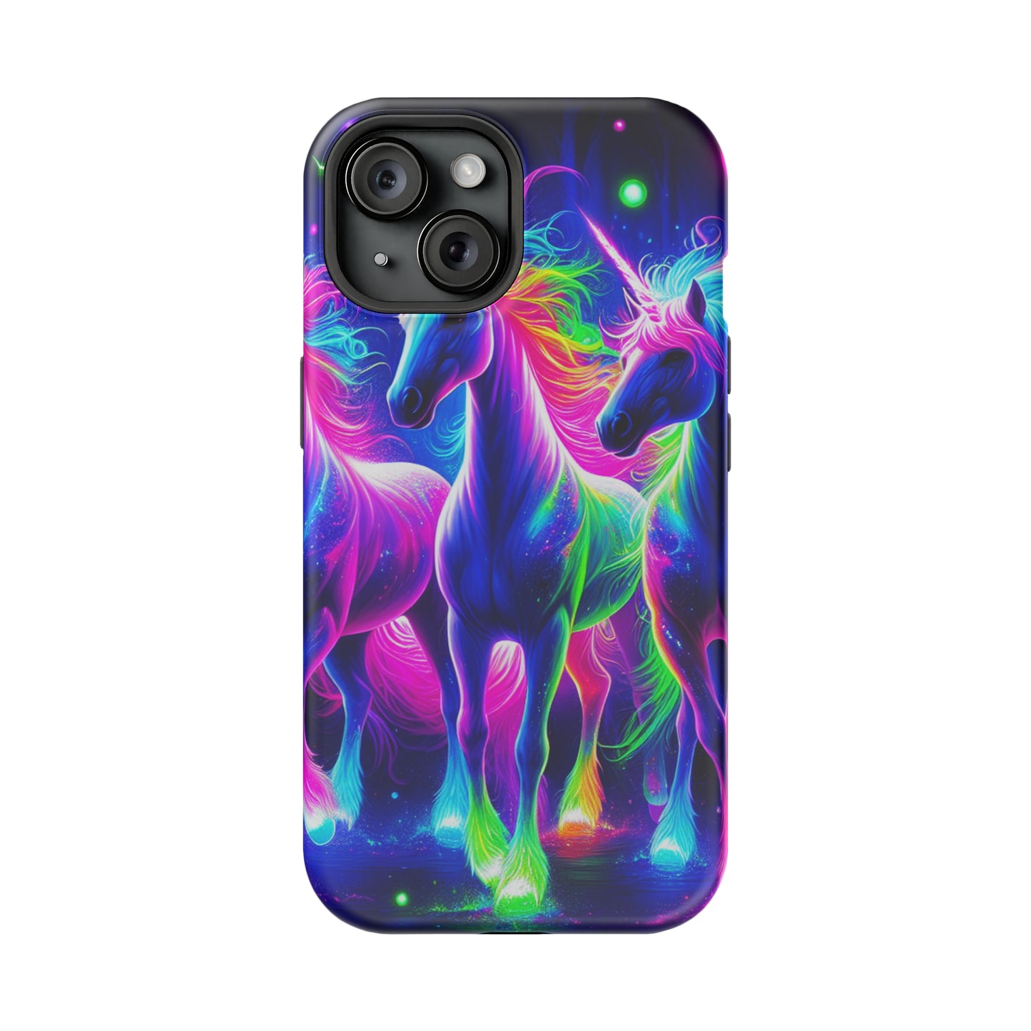 "Uni-Neon Fantasy" Neon Unicorns Premium Art Magsafe Magnet Tough IPhone 13 14 15 Pro Plus Max and Mini in Matte and Glossy Phone cases
