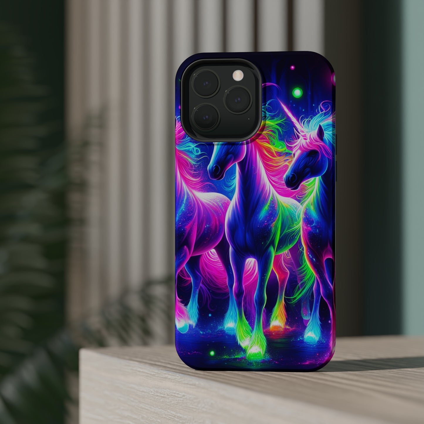 "Uni-Neon Fantasy" Neon Unicorns Premium Art Magsafe Magnet Tough IPhone 13 14 15 Pro Plus Max and Mini in Matte and Glossy Phone cases
