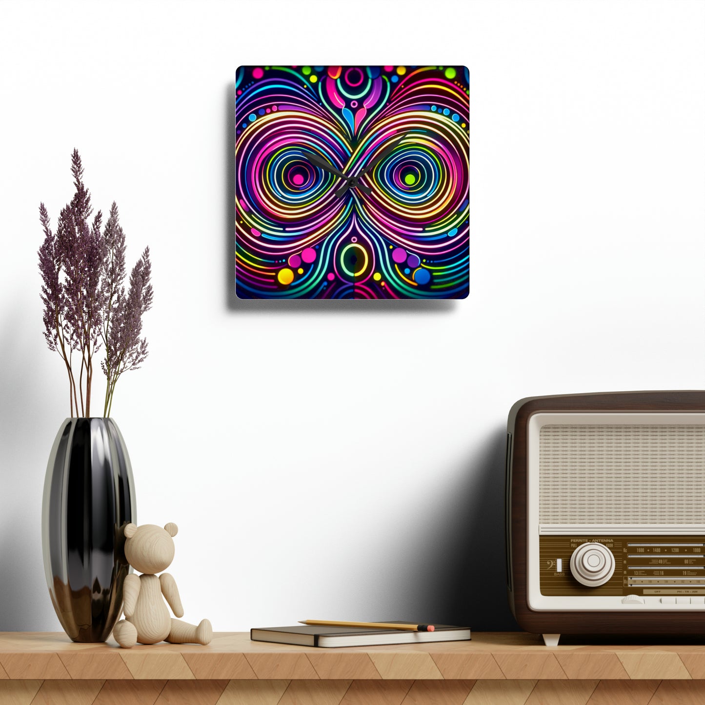 Vibrant Neon Infinity Spirograph. Infinity Patterns Art Acrylic Clock