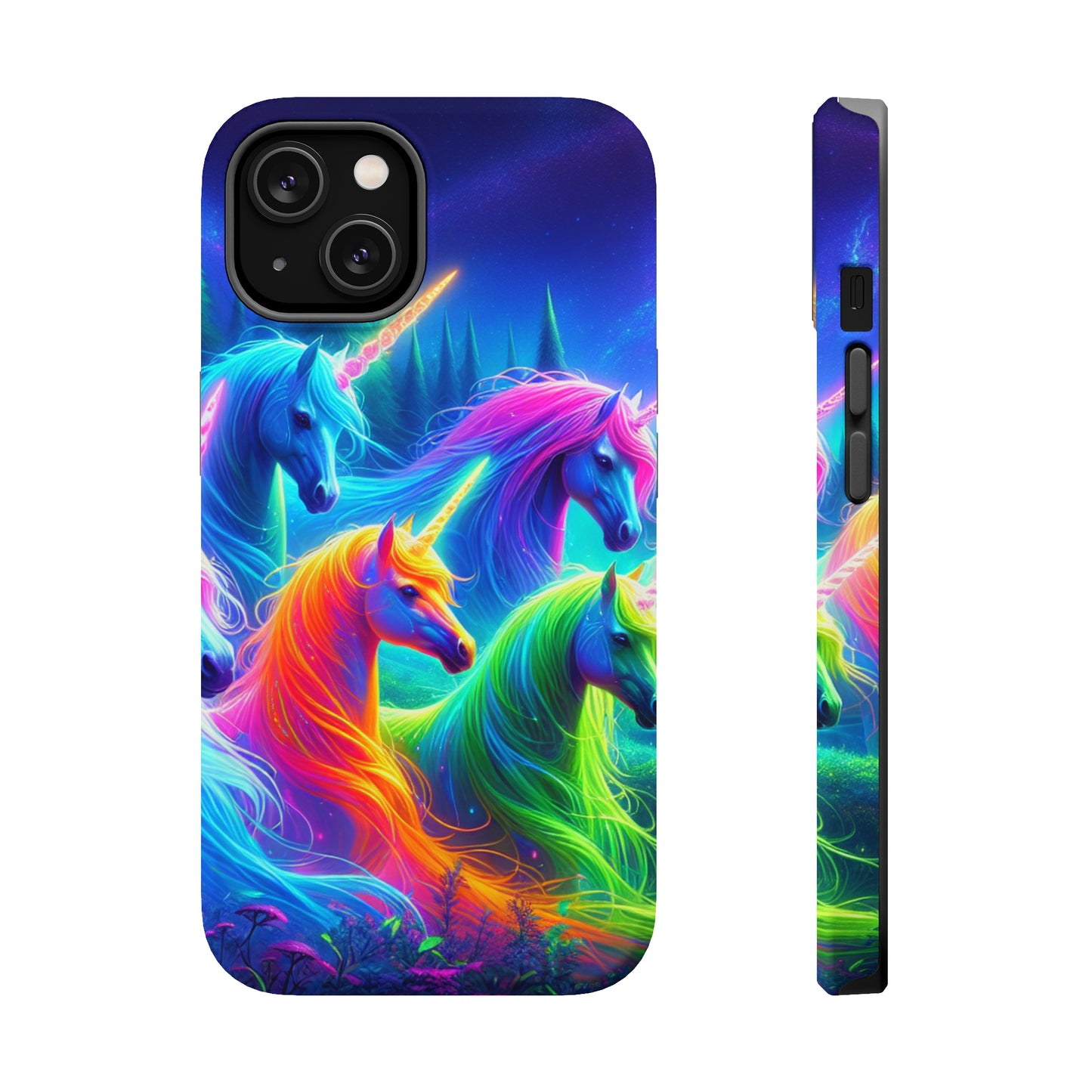 "Vibrant Neon Unicorn Rainbow" Neon Unicorns Premium Art Magsafe Magnet Tough IPhone 13 14 15 Pro Plus Max and Mini in Matte and Glossy Phone cases