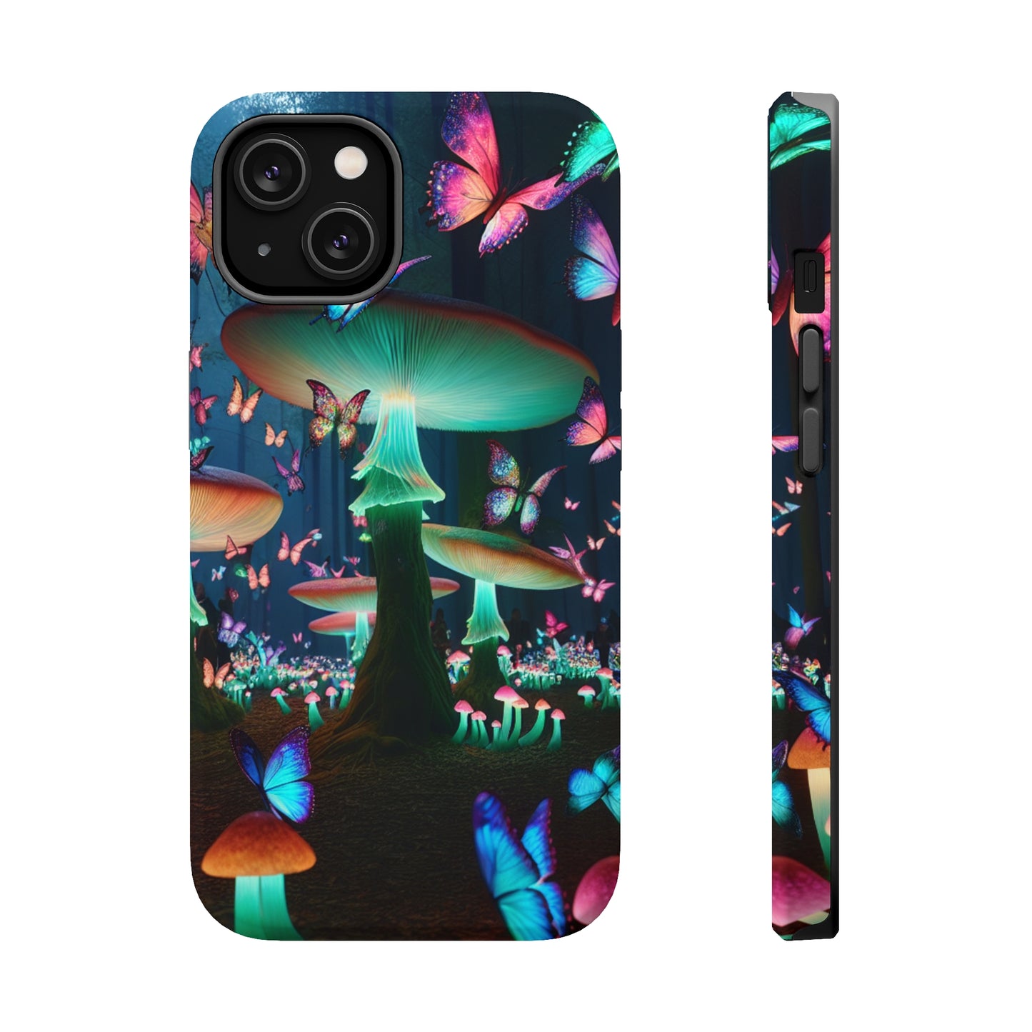 Neon Garden Delight. Neon Butterflies and Mushrooms Premium Art Magsafe Magnet Tough IPhone 13 14 15 Pro Plus Max and Mini in Matte and Glossy Phone cases