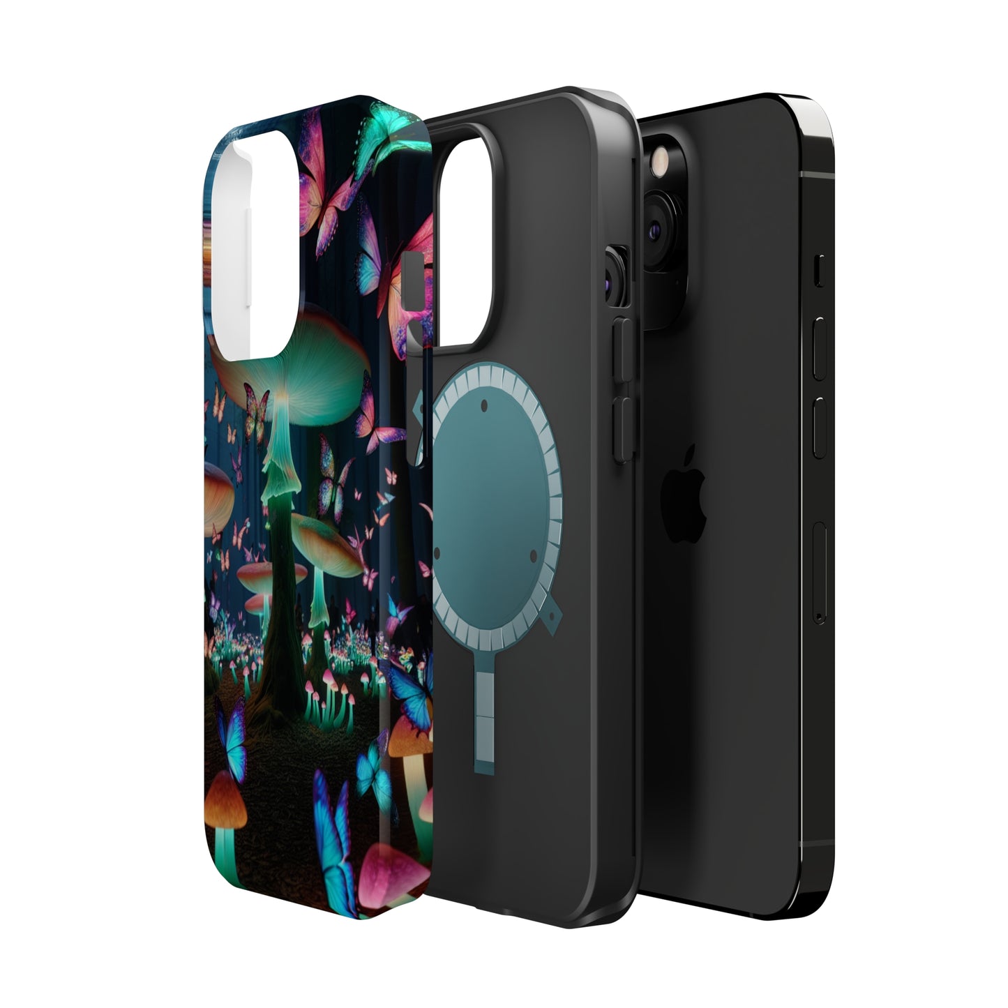 Neon Garden Delight. Neon Butterflies and Mushrooms Premium Art Magsafe Magnet Tough IPhone 13 14 15 Pro Plus Max and Mini in Matte and Glossy Phone cases