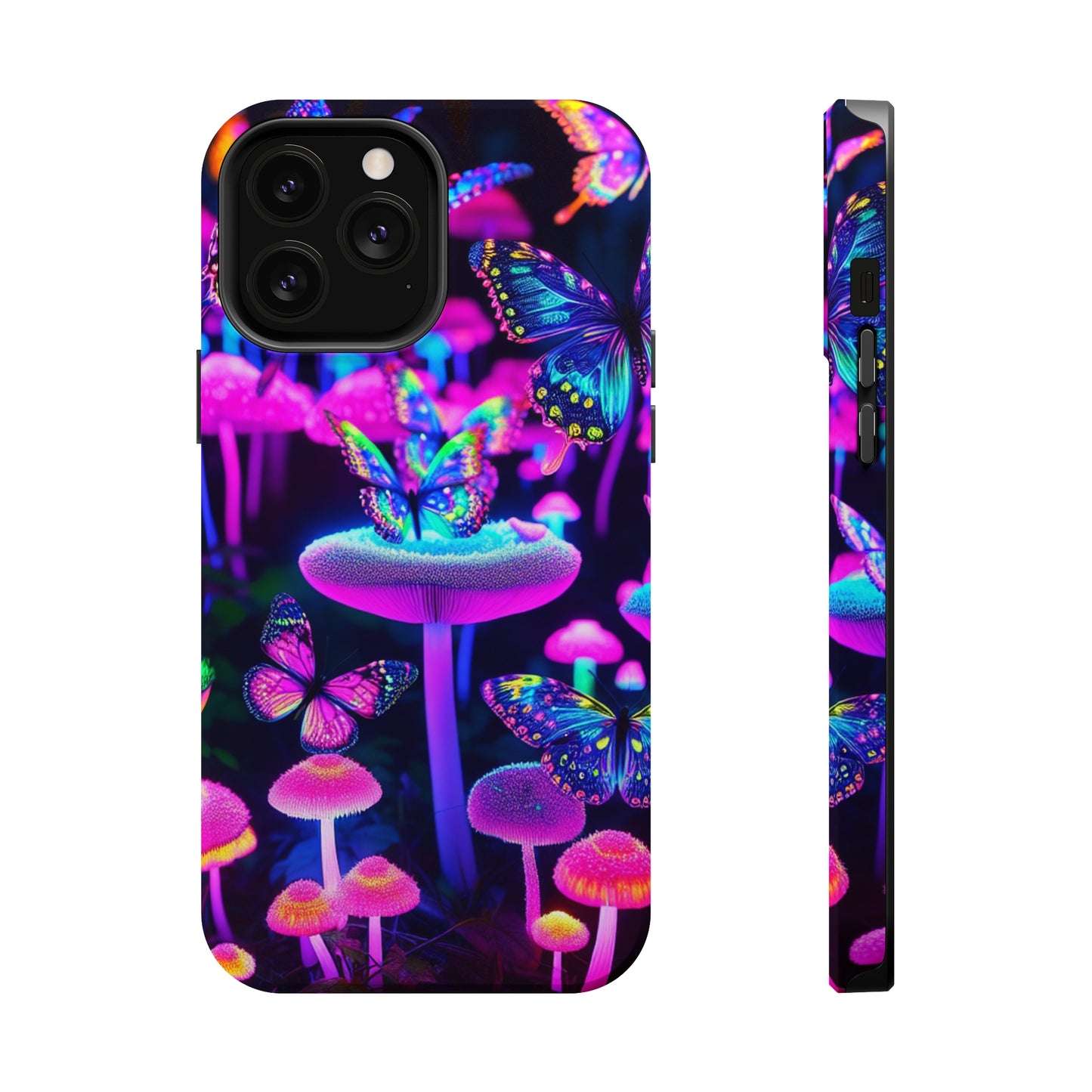 "Neon Gloomsprite Dance" Neon Butterflies and Mushrooms Premium Art Magsafe Magnet Tough IPhone 13 14 15 Pro Plus Max and Mini in Matte and Glossy Phone cases