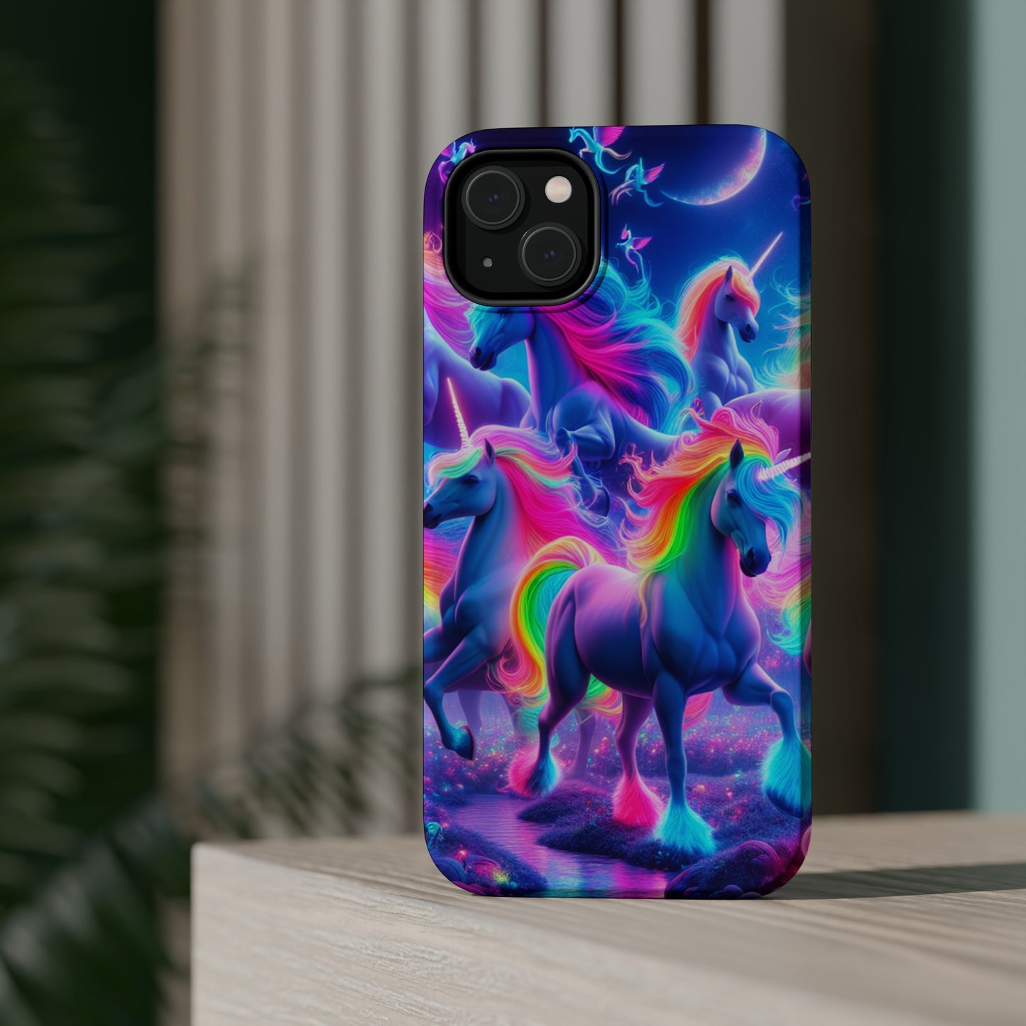 "Unicorn Prism" Neon Unicorns Premium Art Magsafe Magnet Tough IPhone 13 14 15 Pro Plus Max and Mini in Matte and Glossy Phone cases
