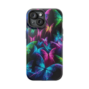 'Euphoria in Neon Flight' Neon Butterflies Premium Art Magsafe Magnet Tough IPhone 13 14 15 Pro Plus Max and Mini in Matte and Glossy Phone cases